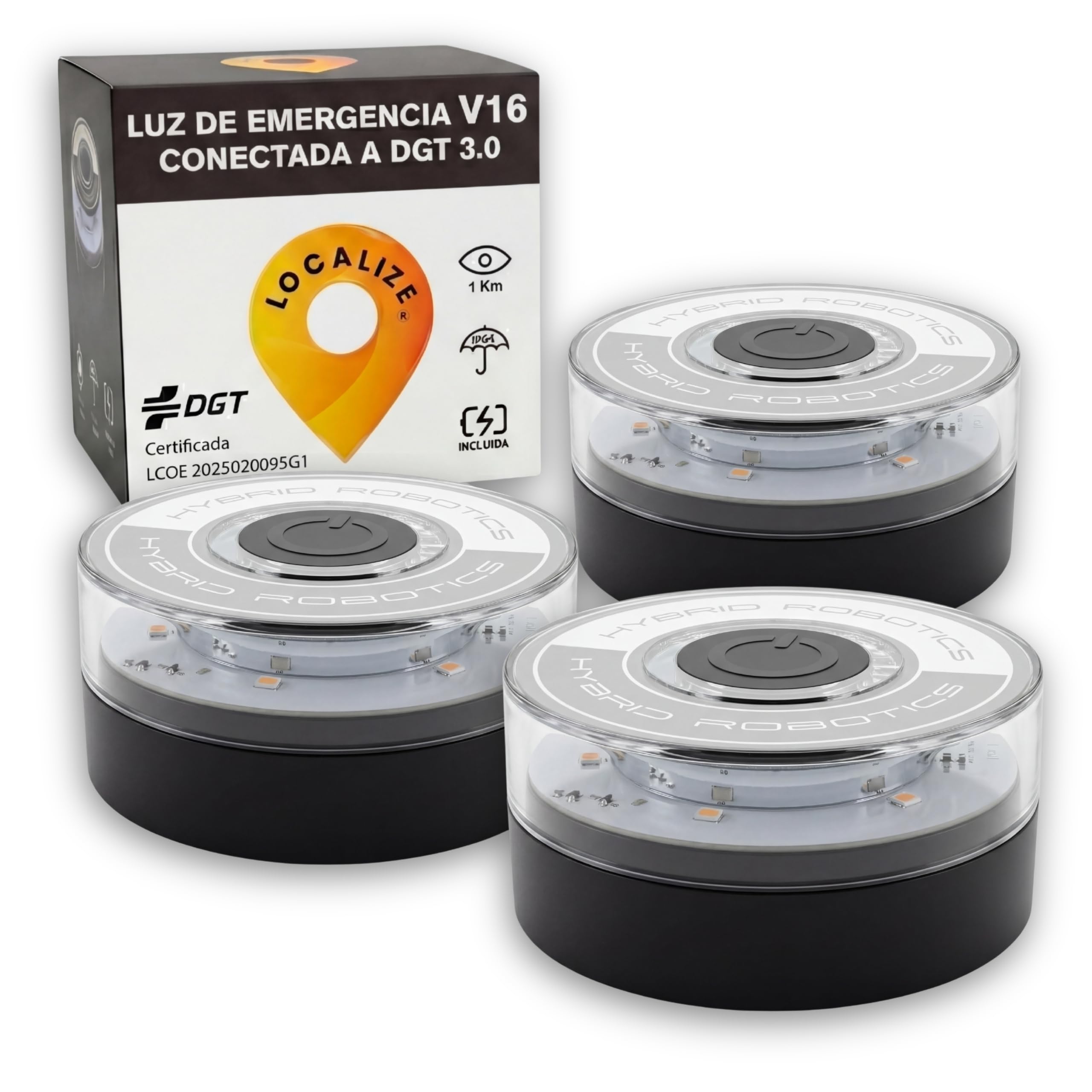 3 Balizas V16 Luz de Emergencia Homologada DGT 3.0 Geolocalizada SIM Integrada Datos 15 años - Resistencia IP54-780 lúmenes- +3h Autonomía - Pequeña y Compacta - Pack de 3