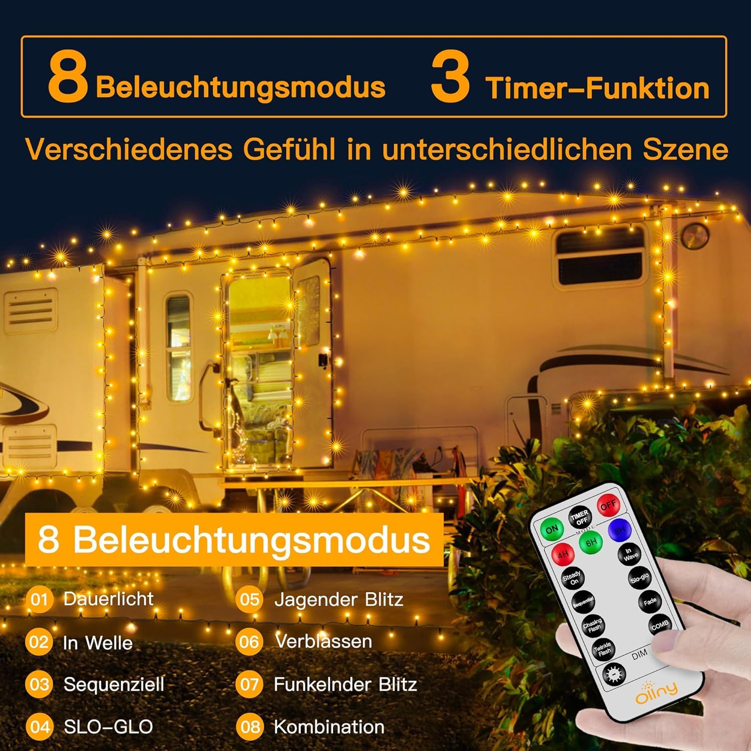 Ollny Lichterkette Außen 100M 1000 LED Lichterkette Weihnachtsbaum Außen innen mit Fernbedienung Timer,8 Modi Wasserdicht Weihnachtsbeleuchtung Aussen für Garten Balkon Hochzeit (warmweiß)
