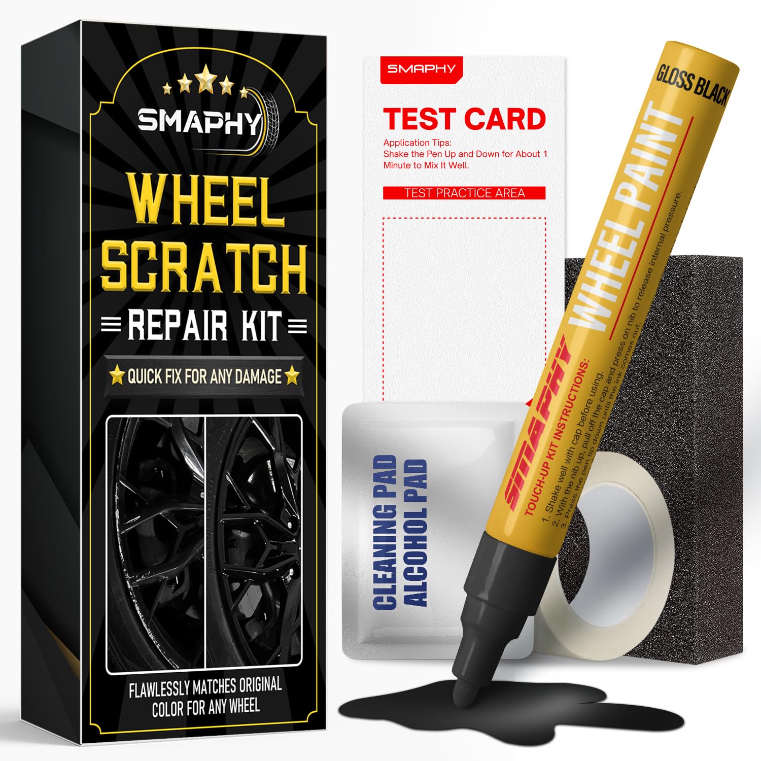 Smaphy Gloss Black Rim Touch Up Paint, Wheel Repair Kit, Wheel Touch Up Kit Wheel Paint Rim Paint Pen, Quick And Easy Repairs Roadside Rashes, Rim Paint(Gloss Black)