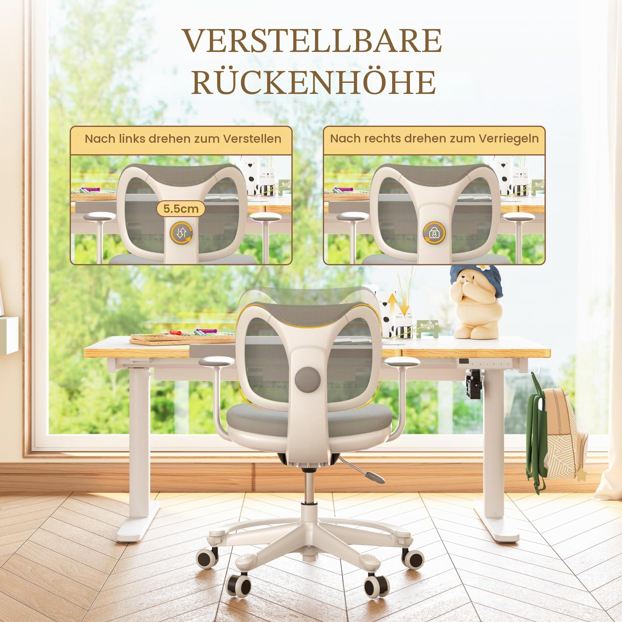 FLEXISPOT Kinderstuhl, Ergonomischer Kinder-Schreibtischstuhl mit Fußablage & Sicherheitsrollen, Höhenverstellbar, Atmungsaktive Rückenlehne, Abnehmbares Kissen, Für Kinder von 3–15 Jahren, Grau