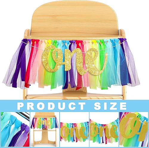 Miniatura 4 de Cartel arcoíris para decoración de primer cumpleaños para silla de bebé, falda tutú para silla alta con 1 banderín y 2 coloridos carteles redondos