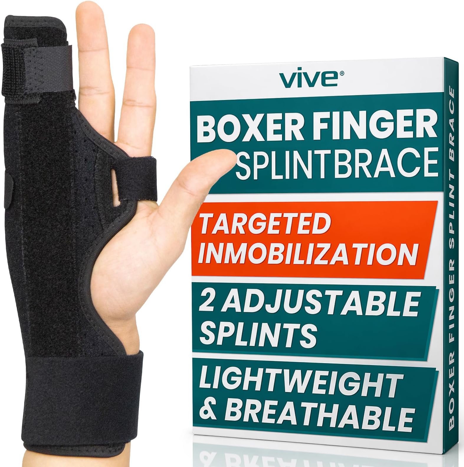 Vive Boxer Finger Splint Brace- Supports Pinky, Ring, Middle Metacarpals and Knuckles - Right or Left Adjustable Hand Brace - Straightening for Trigger Finger, Injury, Fracture, Broken, Tendonitis (9 Inch)