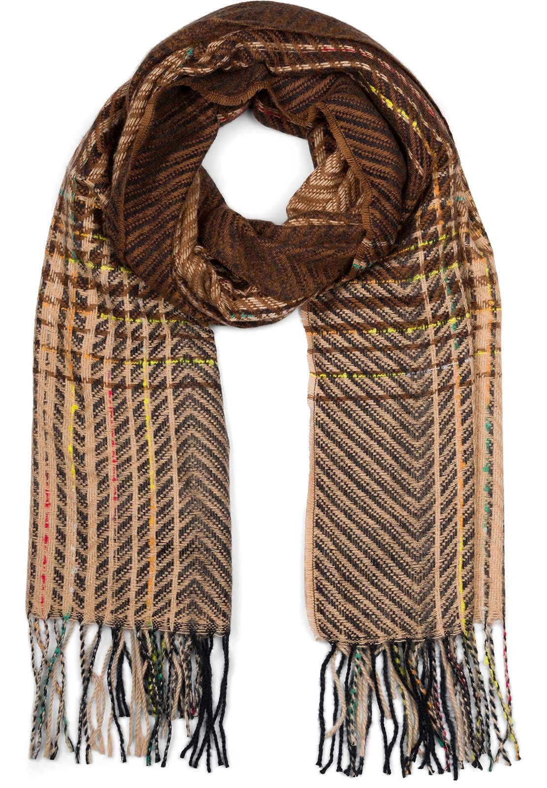 styleBREAKER Ladies Fine Knit Scarf with Multicoloured Striped Zig-Zag Pattern and Fringes, Warm Winter Stole multicoloured 01017149, Colour:Brown-Beige