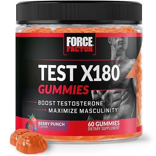 Force Factor Test X180 Gummies Testosterone Booster for Men with Tongkat Ali, Horny Goat Weed, Tribulus Terrestris, Fenugreek, & Black Maca, Supplement Men, Berry Punch, 60 Gummies, 1-Pack