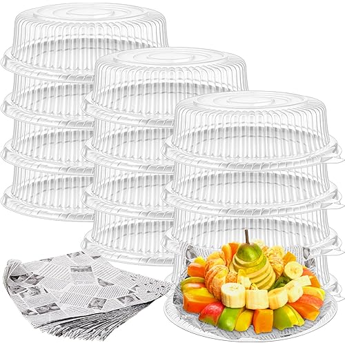 Tessco for you 12 Pack Heavy Duty Repeatedly Plastic Serving Tray with Lid and 24 Pcs Deli Wax Paper Sheets Sets Large Party Platters with Clear Lids Stackable Round Food Serving Trays(Clear,12inch)