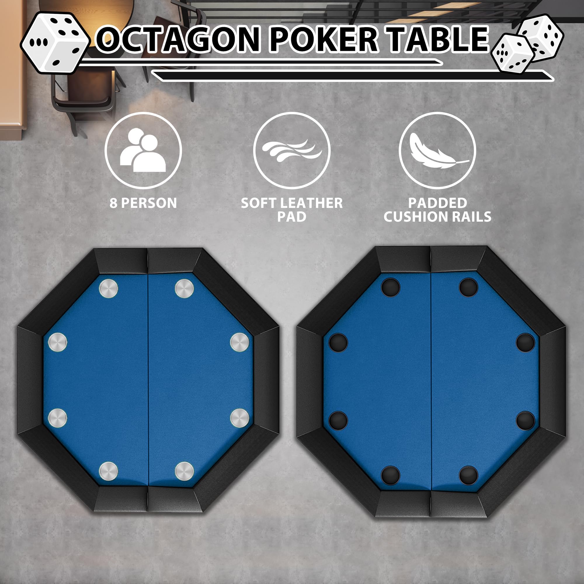 Table De Poker Pliable 120 cm Pour 8 Joueurs, Table De Casino Octogonale Pour Blackjack Et Texas Holdem, Avec Rails Rembourrés Confortables Et 8 Porte-Gobelets Intégrés, Idéale Pour Soirées Jeux, Mais