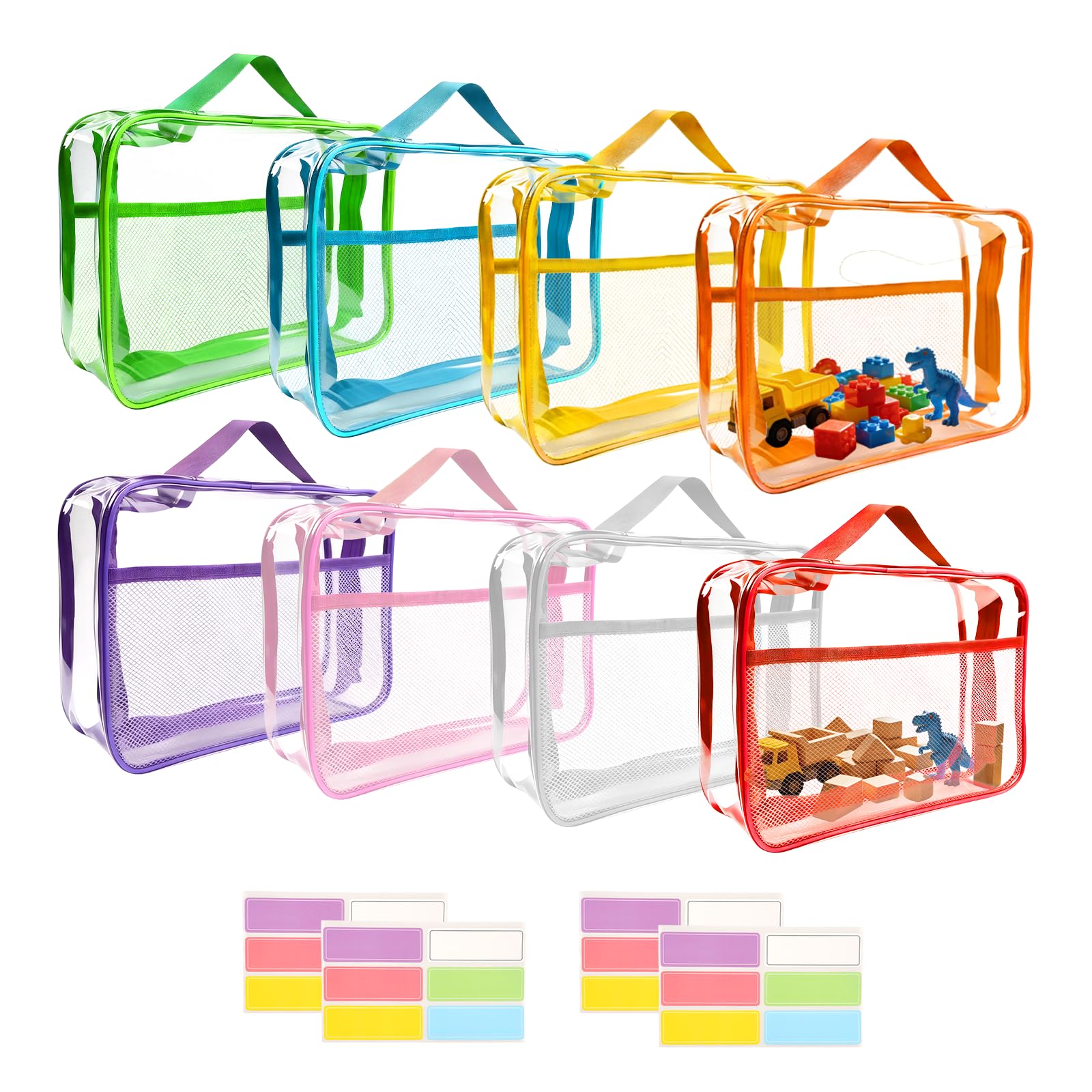 8 Pack Toy Storage Bags, PVC Clear Storage Bags with Handle and Zips, with 4 Label Stickers,Reusable Waterproof Toy Bag for Building Blocks, Puzzles, Board Games (12.3x4.5x9.1 Inch) — image 1