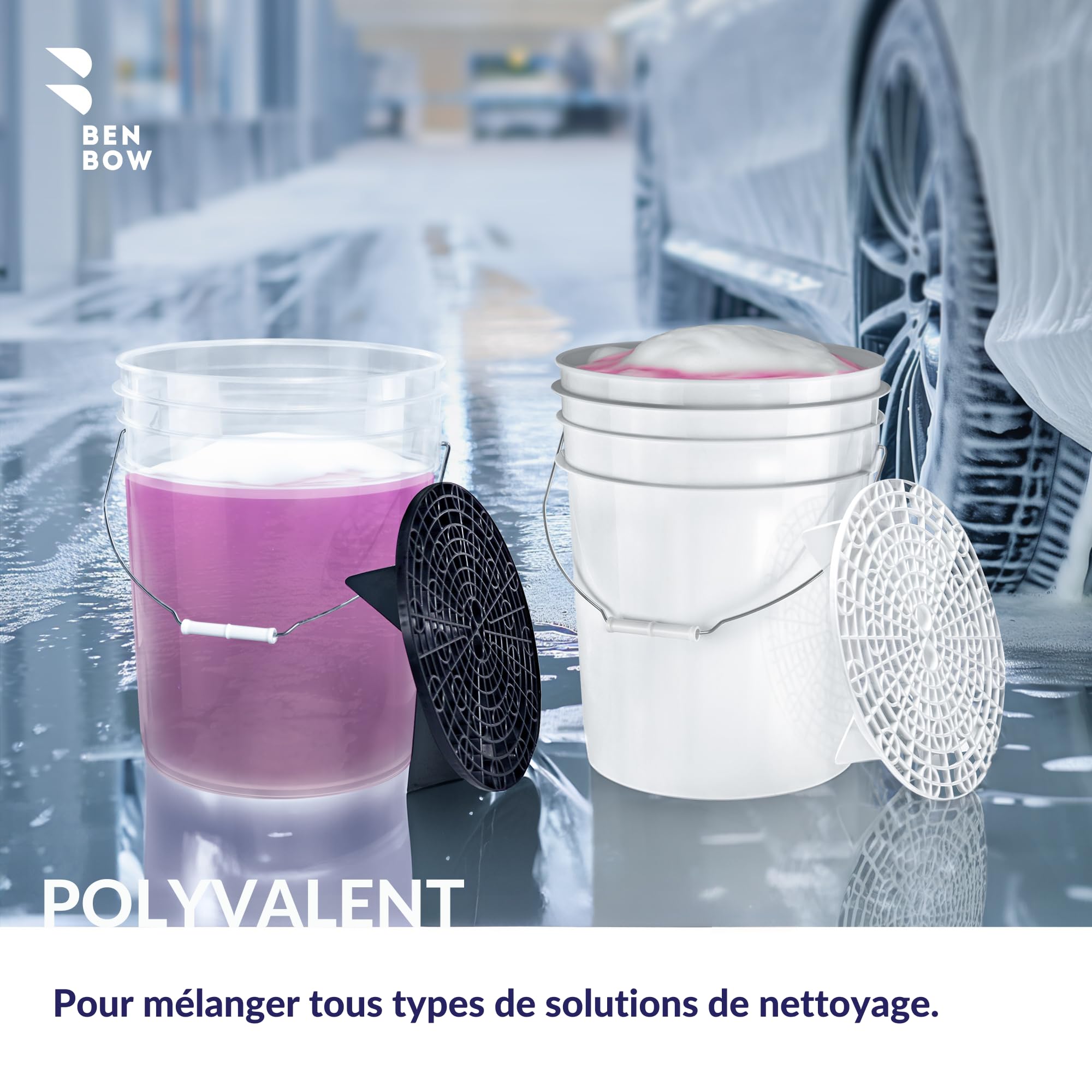 BenBow kit de Lavage Auto : 2 seaux de 20 litres avec 2 grilles de Lavage filtrantes et 2 couvercles de Seau - idéal pour Un Nettoyage Efficace et sans Rayures - Lavage à Deux seaux