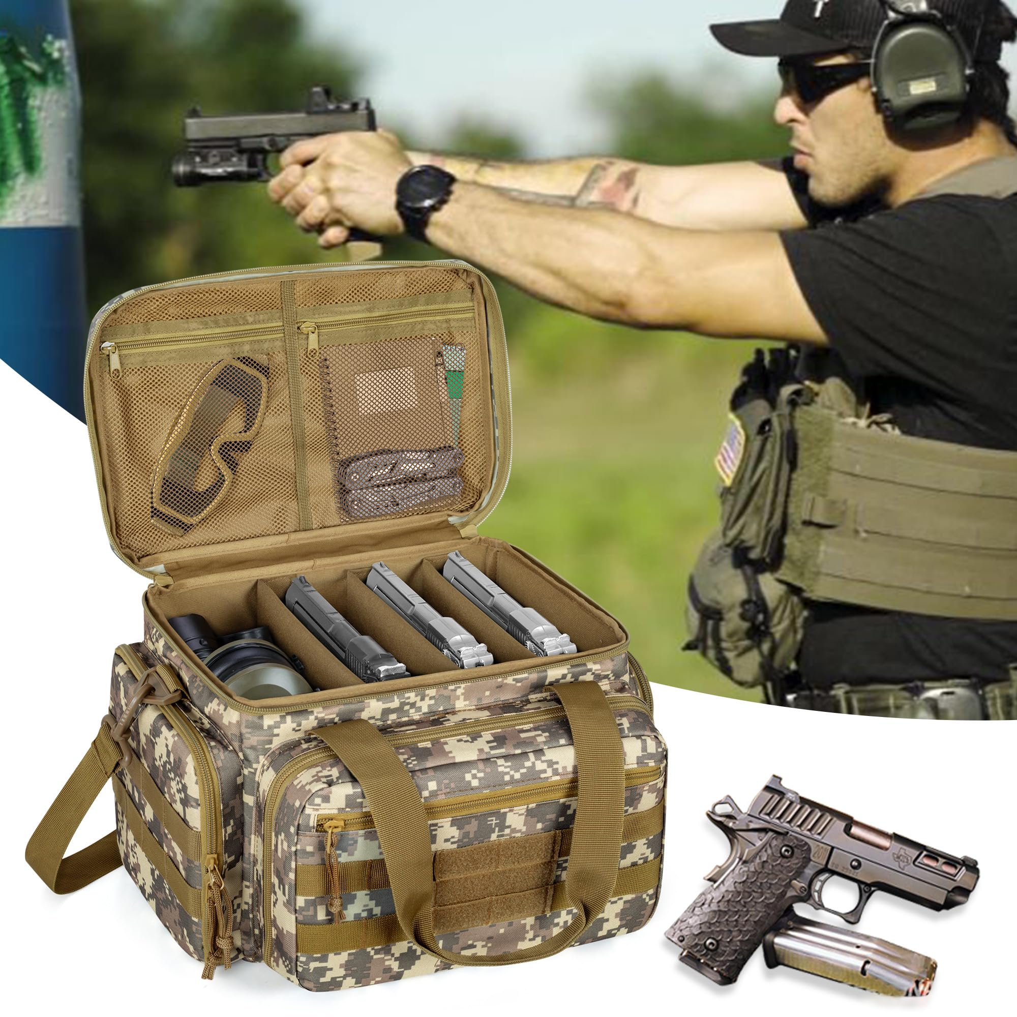 DSLEAF Sac de Tir pour Pistolet pour 4 Armes de Poing, Étui Souple Sacoche Tactique pour 6 Compartiments Chargeurs, Pochette de tir avec Poches Supplémentaires pour Munitions et Indispensables