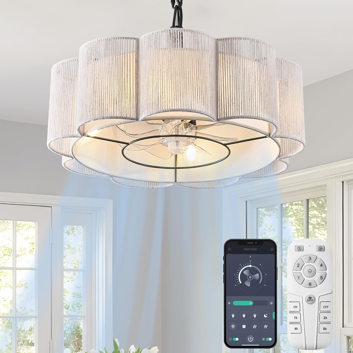 Boho Farmhouse Chandelier Fan Handwoven Rattan Fandelier, Reversible 7-Blade Ceiling Fan with Adjustable Height, Soft Plum-Blossom Diffused Light – 3 Colors, 20'' Diameter(Elegant White)