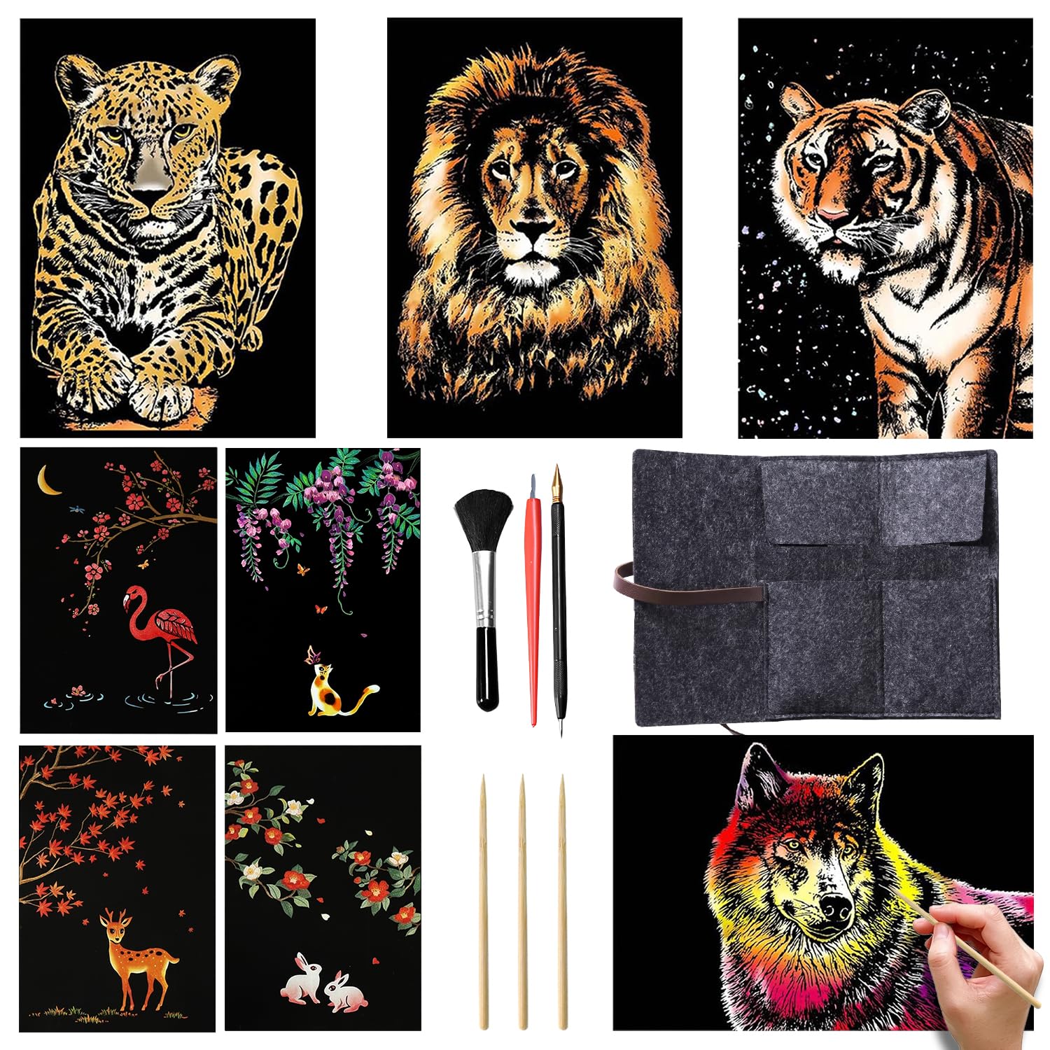 Animal Foil Scratch Art Kit, 8-Pack A4/A5 Scratch Paper Sheets with Wooden Stylus Scratch Tools, Creative Craft Set for Kids and Adults