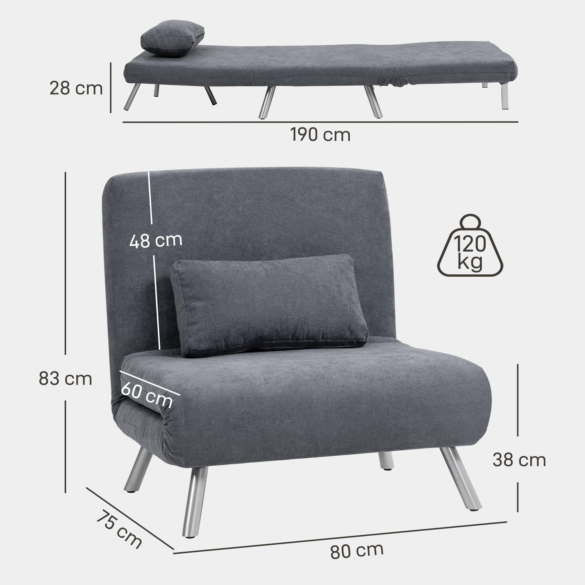 HOMCOM Fauteuil Convertible 1 Place, Fauteuil-lit clic-clac, chauffeuse 3 en 1 avec Dossier réglable, Oreiller, Assise Large, canapé-lit rembourré en Flanelle Neige pour invités, Salon, Bureau, Gris