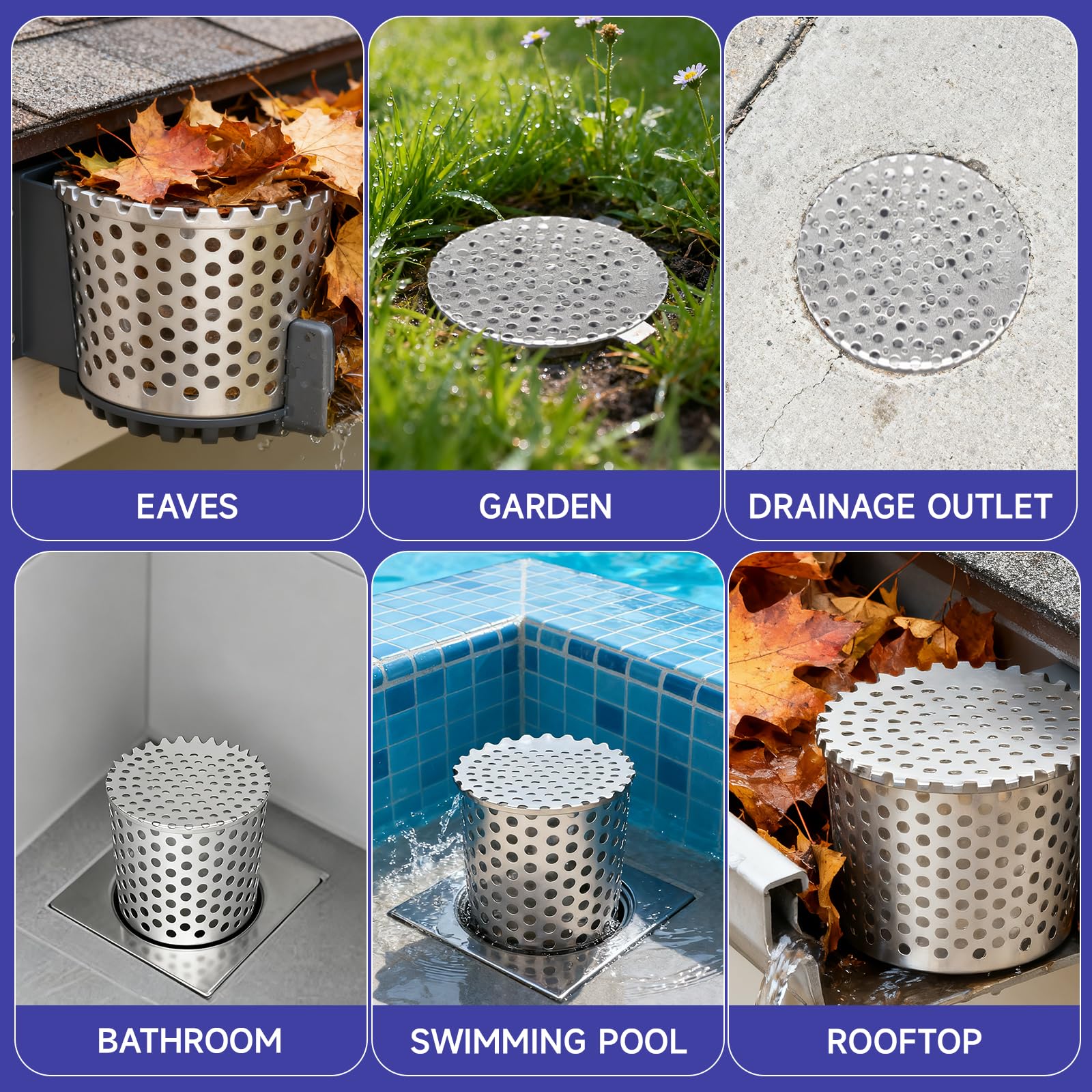 Rejilla Desague Ducha Jardin, Tapa Desague Terraza, Canalones Y Bajantes, Canalones Pvc Para Lluvia Tejado, Sumidero Terraza, Protector de Canalon de Acero Inoxidable, Para Filtrar Hojas (60-75mm)
