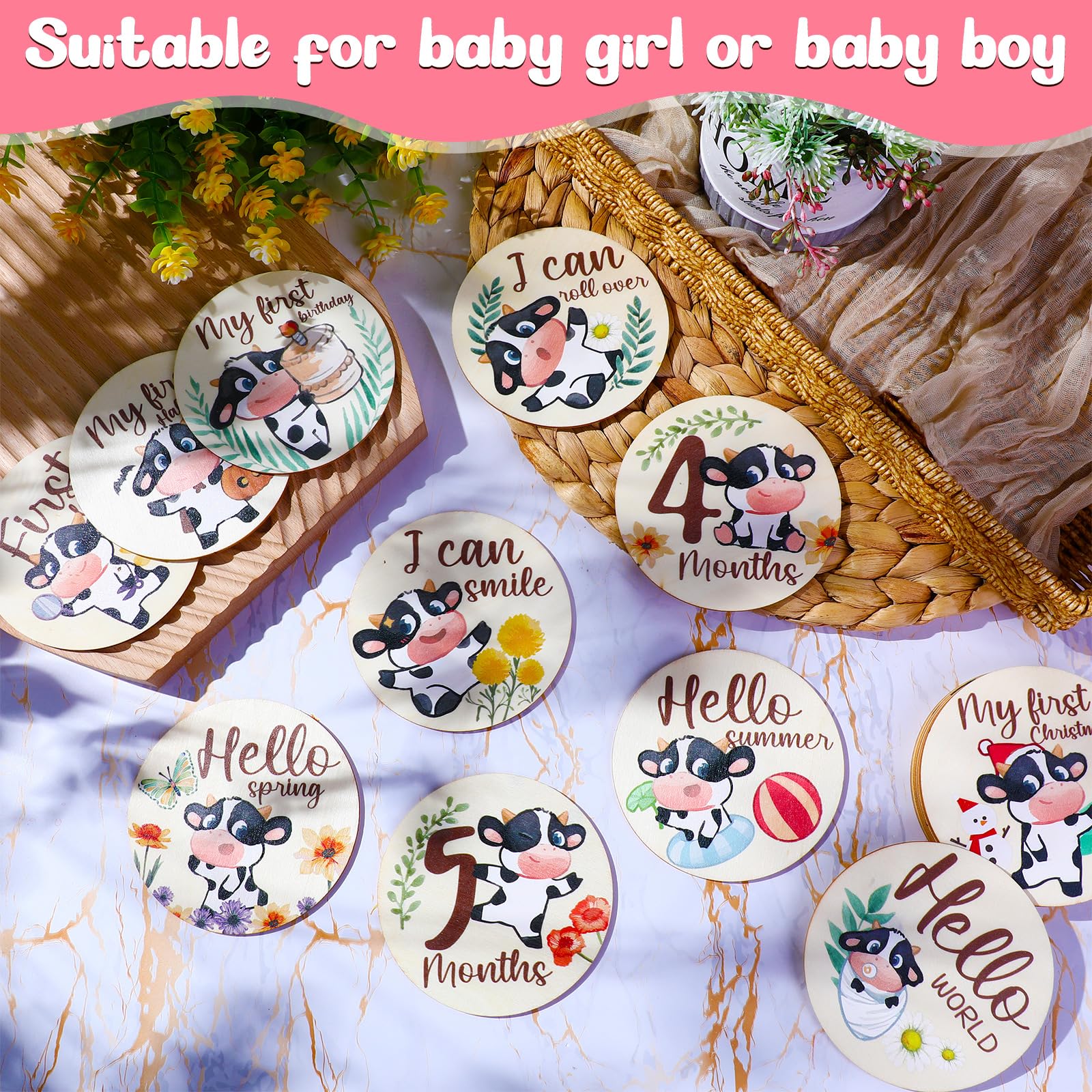 16 Baby Meilenstein Karten - Holz Kreise Für Monatliche Fotos | Doppelseitig Mit Boho Design