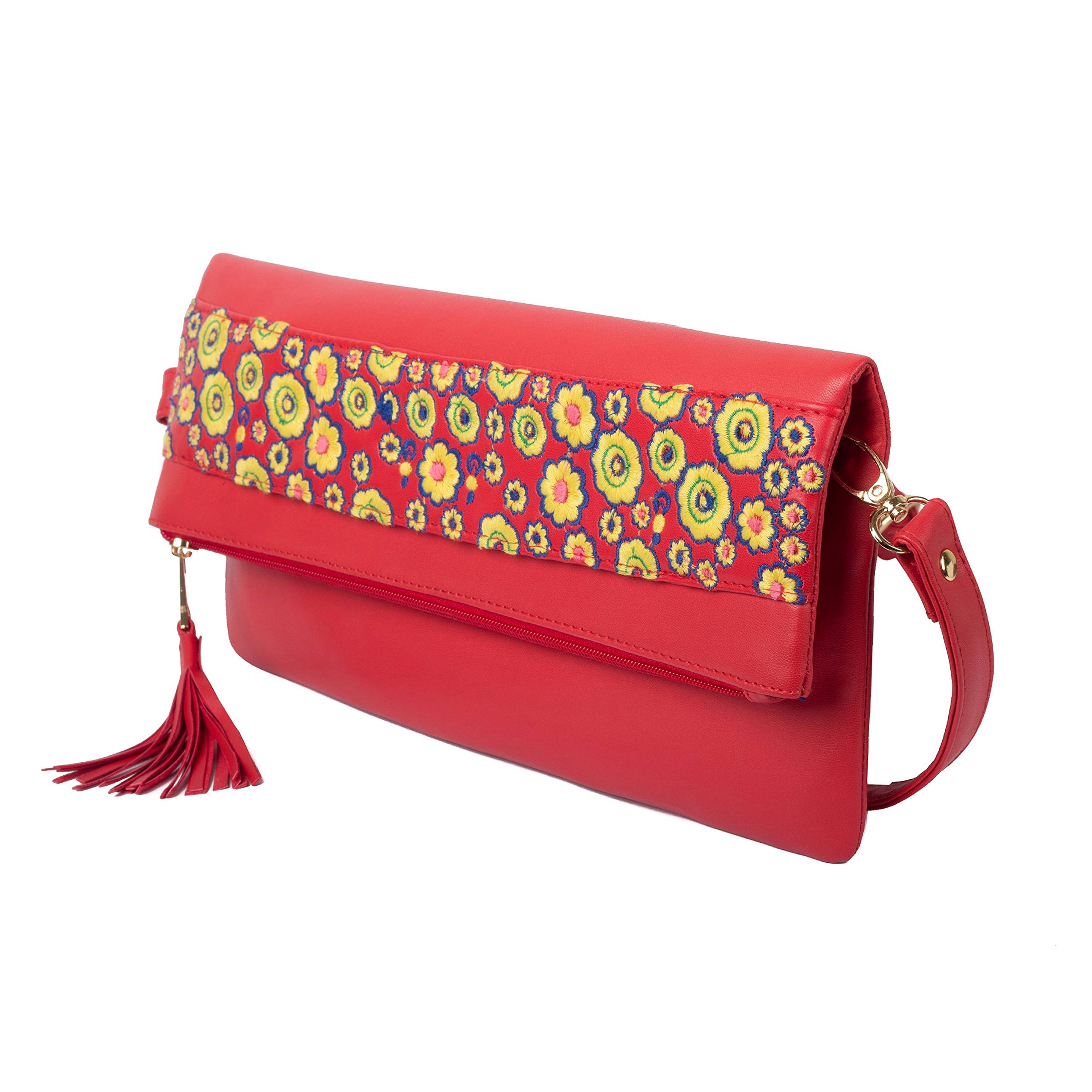 Boho Manch Women's Casual Embroidery and Tassel Clutch Red