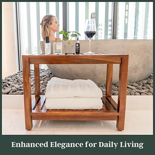 Miniatura 2 de Banco de ducha de teca de 25 pulgadas  Banco de madera totalmente montado con estante, resistente al agua, pies ajustables antideslizantes  Spa