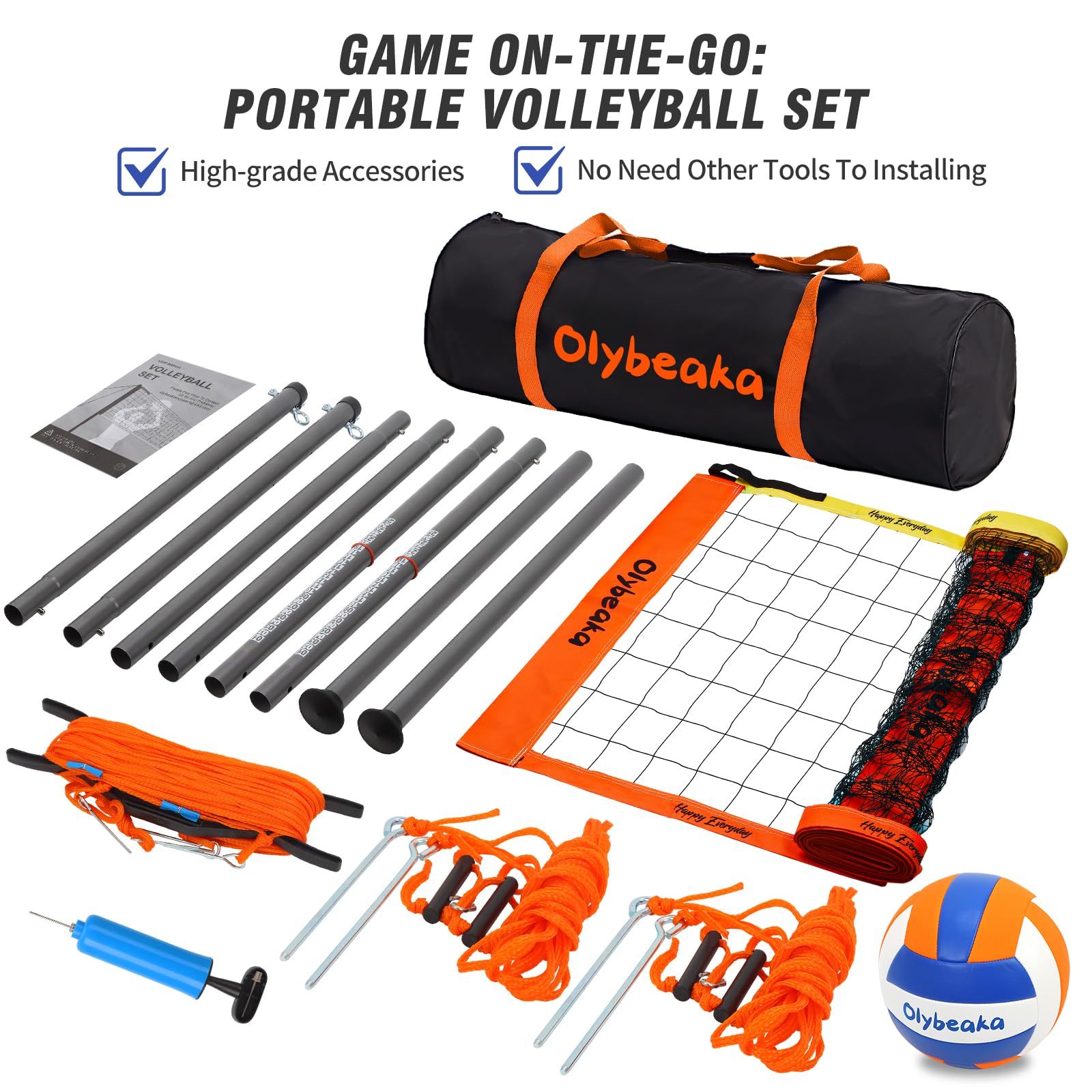 Tragbares Volleyballnetz-Set, 9,8 m, Gelb und Orange