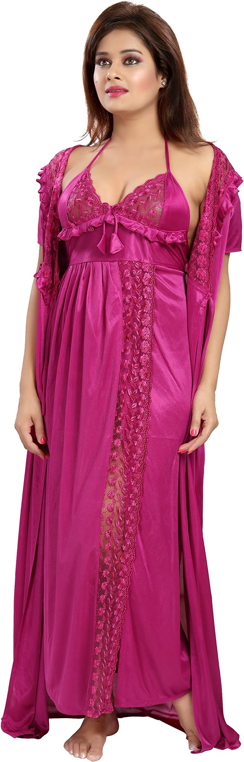 Women's Satin Solid Maxi Length Nighty with Robe (Size - Free Size) (Nightwear Set Pack of 2)
