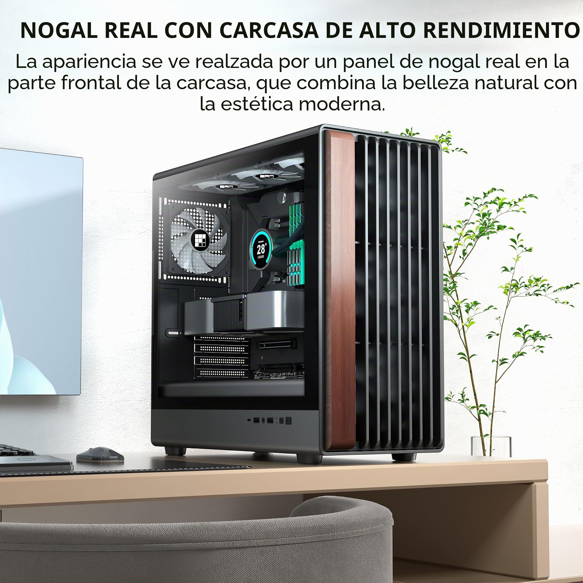 FOIFKIN M1 Caja PC - Panel Frontal de Nogal - 4 Ventiladores ARGB PWM preinstalados - Carcasa de PC ATX Mid-Tower para Juegos (Negro, M2)
