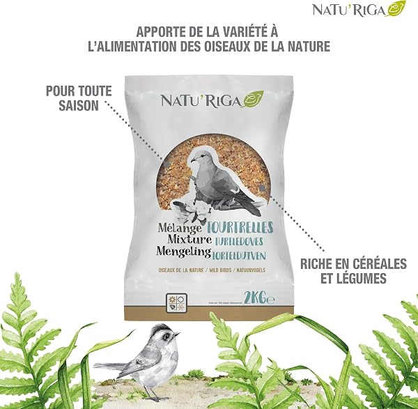 Riga - NATU'RIGA - Mélange Tourterelles - Mélange De Céréales Et Légumes - Nourriture Oiseaux Extérieur - Recette Énergétique - Toute Saison - 2KG - 2