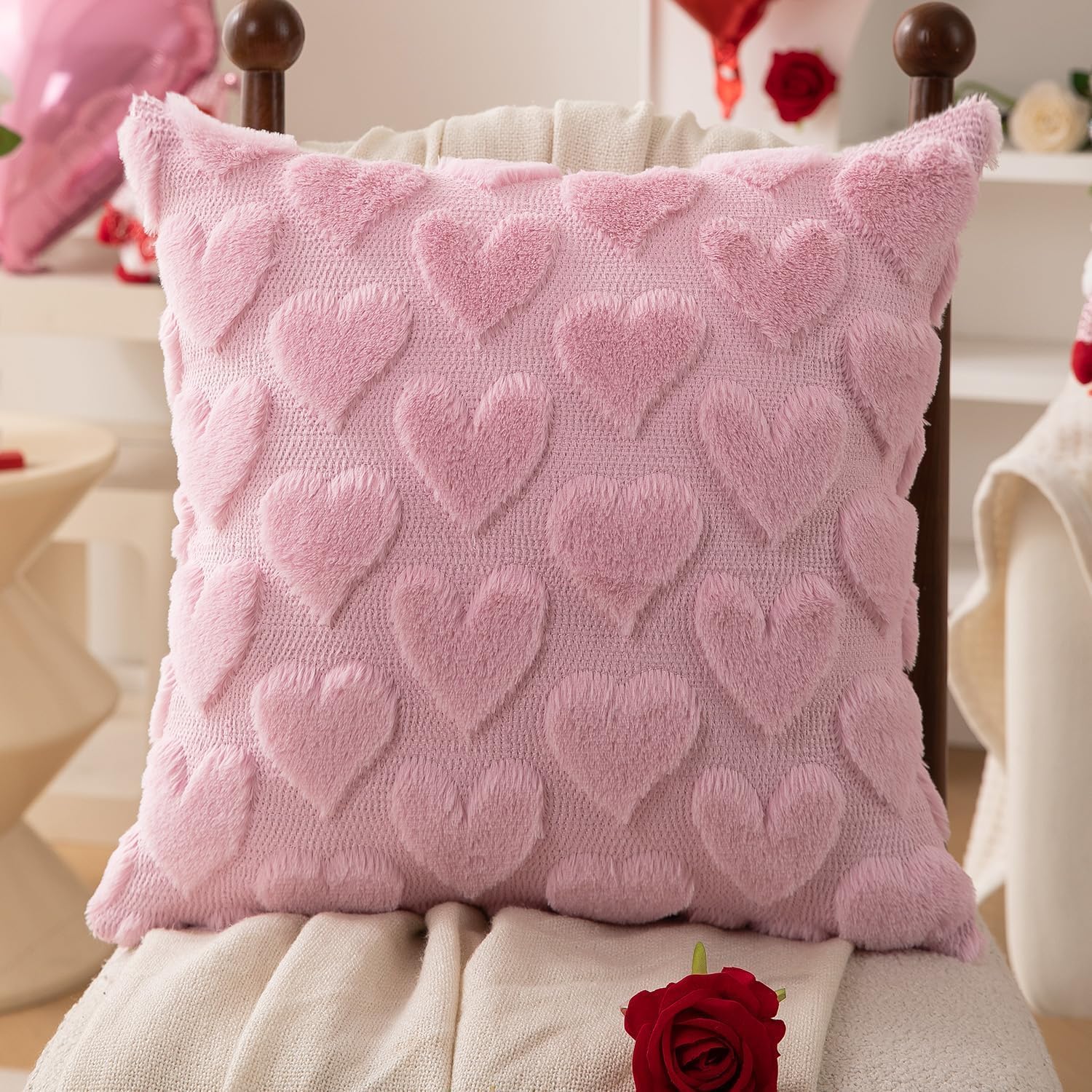 Valentines Day Pillow Covers 18x18 Inch, Pink Heart Love Pillows Cover Valentine Decorations for the Home, Faux Fur Plush Throw Pillows Cover for Couch, Gift for Girlfriend Lover Mother, Set of 2