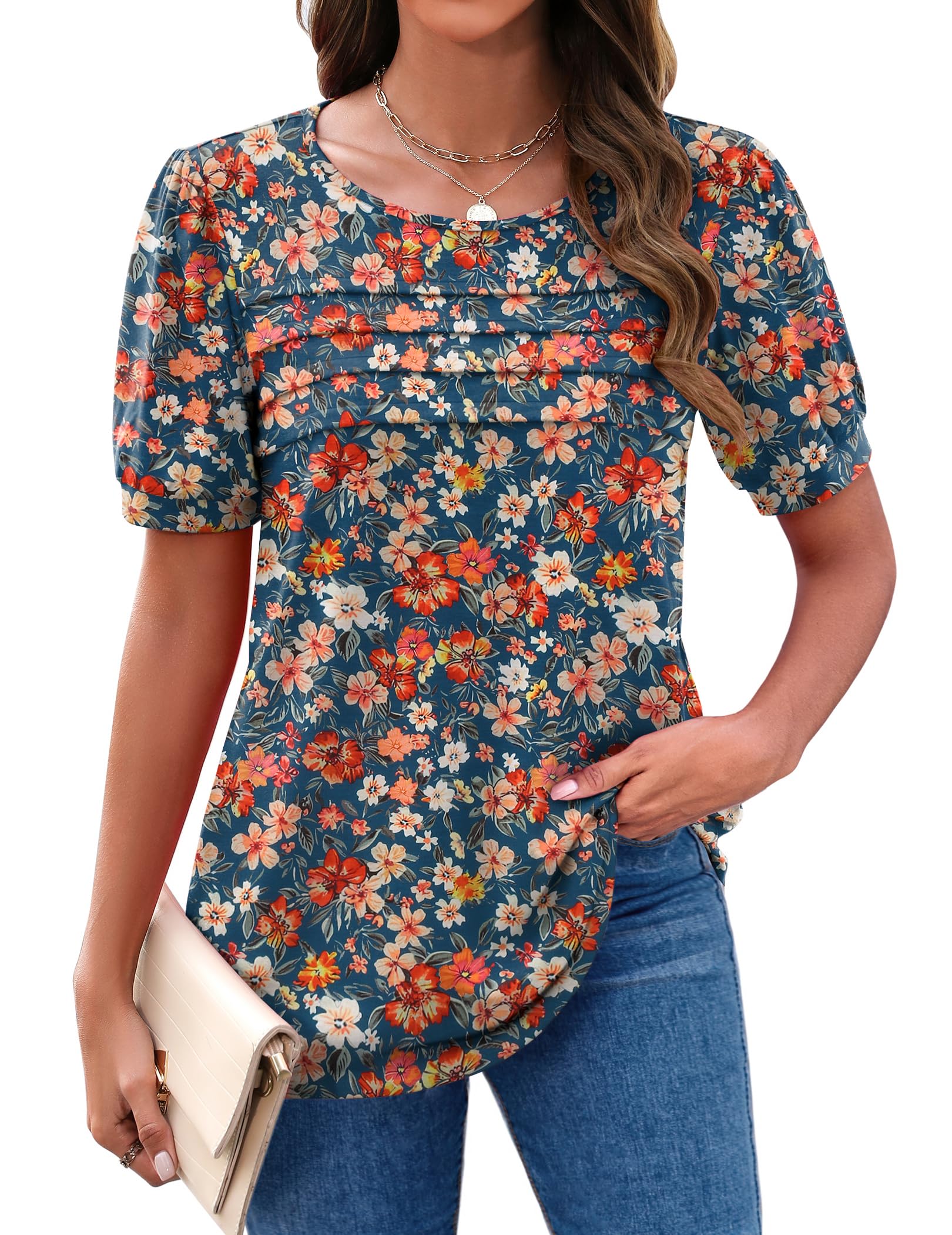 Zeagoo Womens Short Sleeve Tops Floral Boho Shirts Pleated Crewneck Summer Outfit Puff Sleeve Blouses Casual Tunic