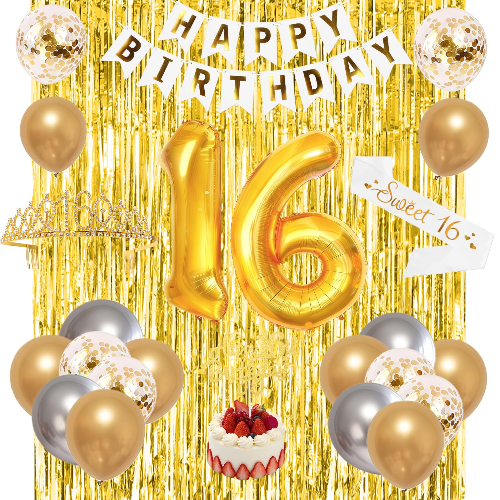 Sweet 16th Birthday Decorations for Girls, Banner, Crown, Sash, Cake Topper, Number Balloons, 16th Birthday Party Supplies (Gold)