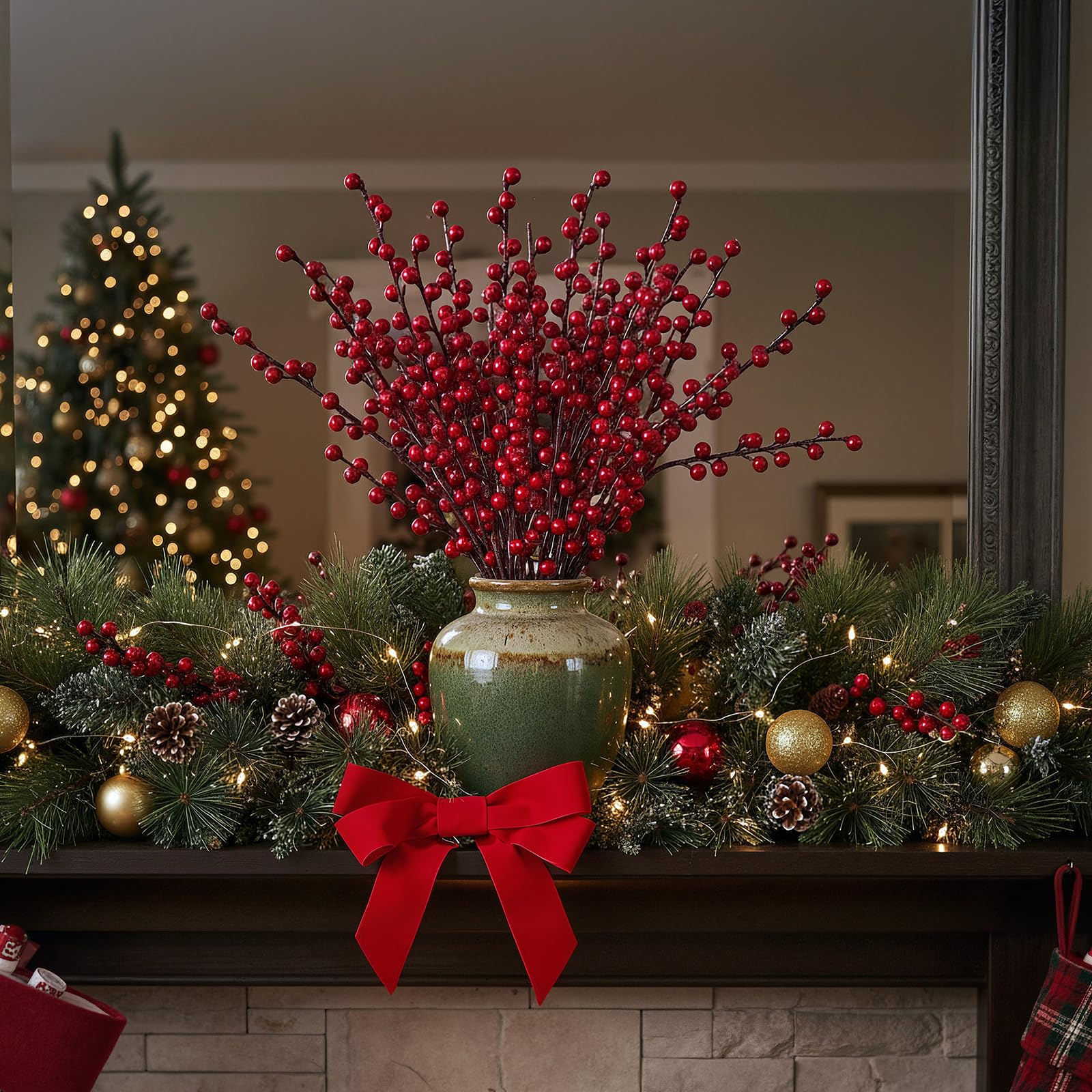 WILLBOND Künstliche rote Beerenstiele, 54 cm, rote Beeren, Stechpalmenbeerenzweige für Weihnachtsbaum, Neujahr, Dekoration, DIY Handwerk (Weinrot, 8 Stück)