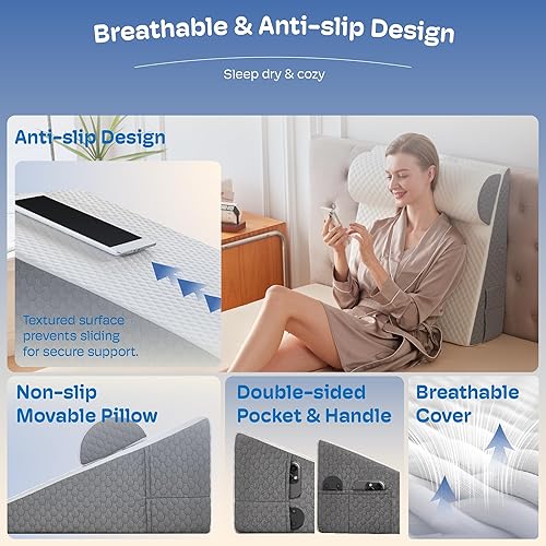 Miniatura 7 de Almohada de cuña de cama de 7.5 pulgadas para dormir con reposacabezas, juego de almohadas de cuña para después de la cirugía, reflujo ácido, alivio