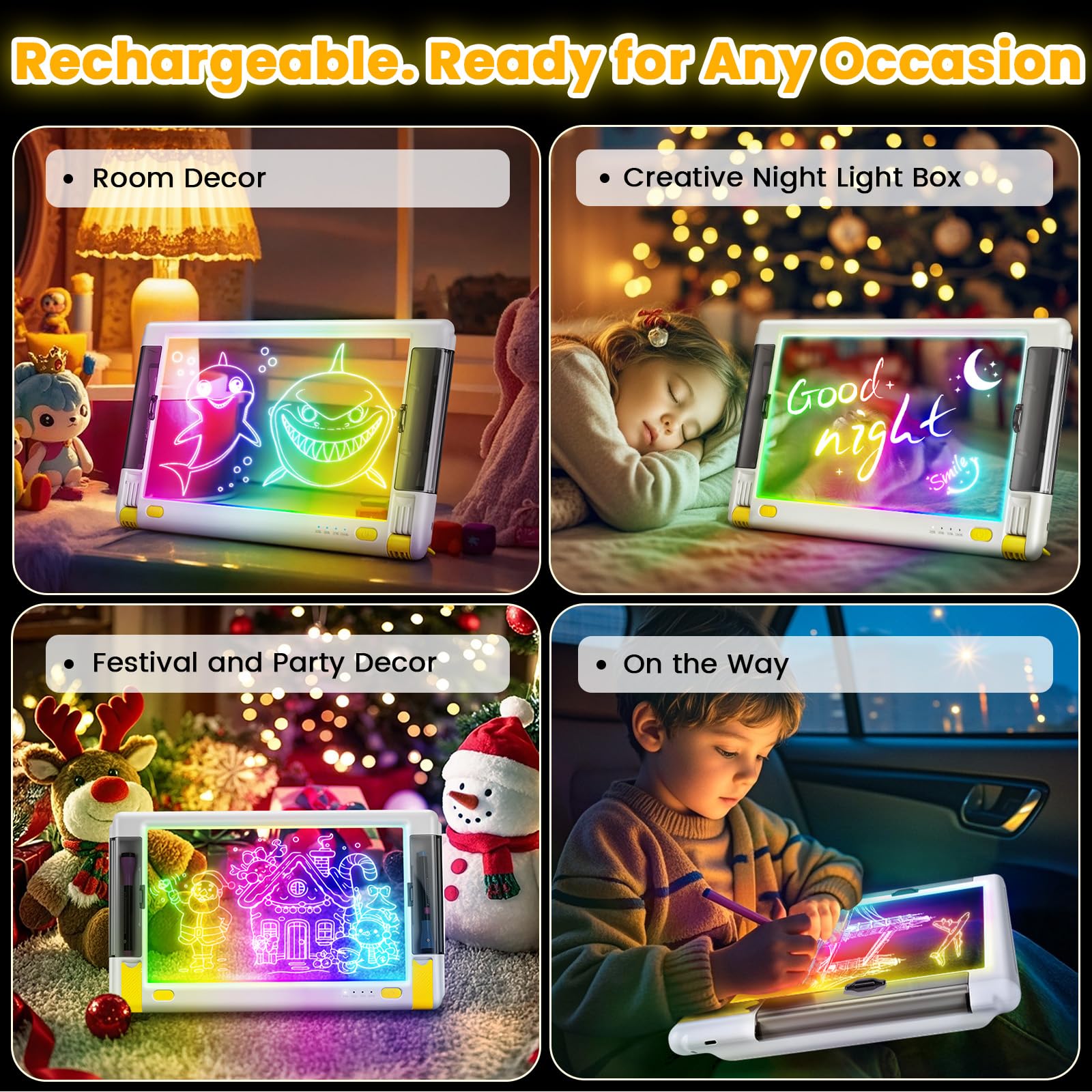 Lavagna da disegno a LED ricaricabile da 15 pollici per bambini, con 9 colori e effetti luminosi, lavagna da disegno al neon per disegnare, idea regalo per adolescenti, 5 pennarelli