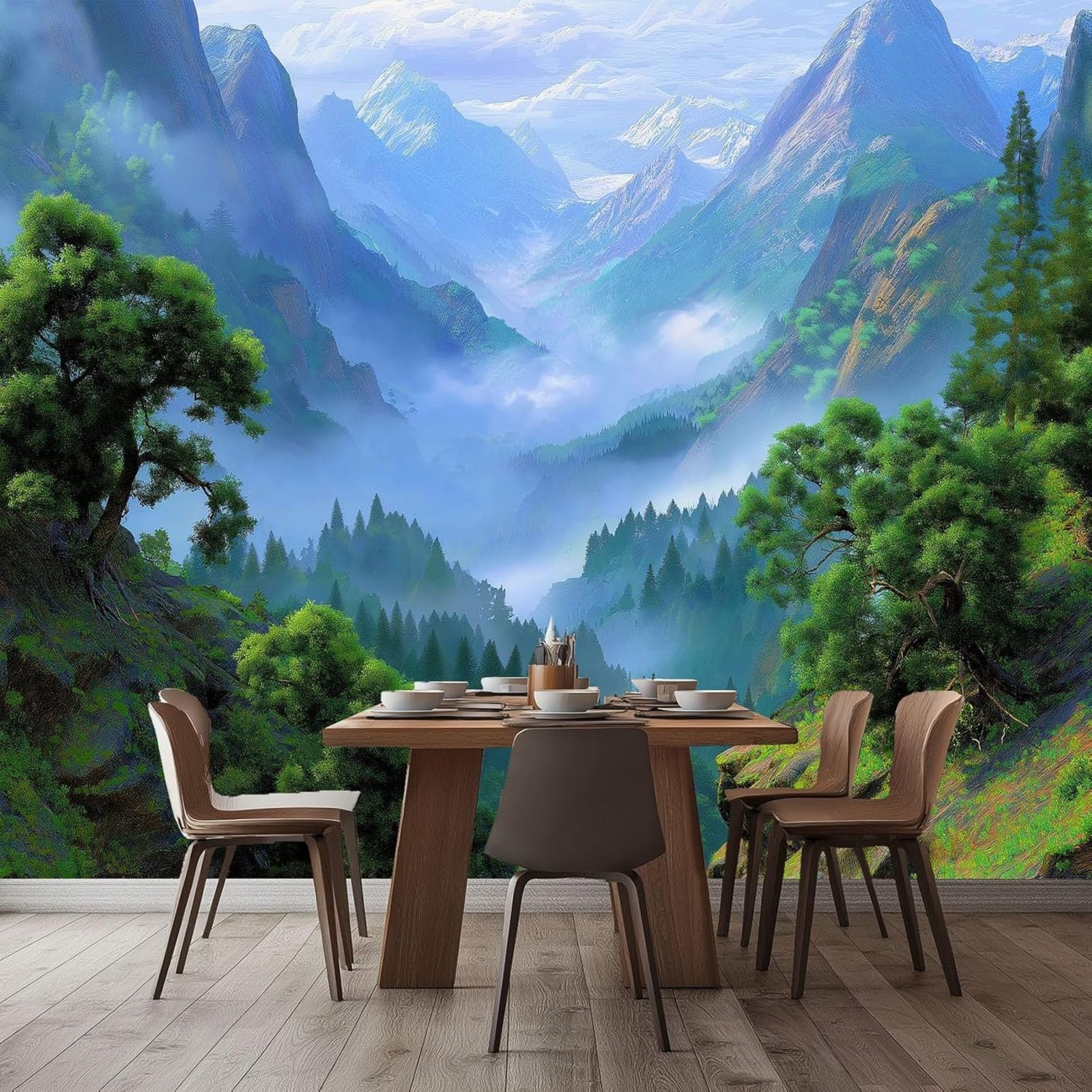 pdghsdkgjh Fantasy Art Style Wall Mural Blue Wallpaper Jungle Mountains - Wall Decor for Living Room Children's Room, 400cm x 280cm Stickers - Frameless Painting - Poster