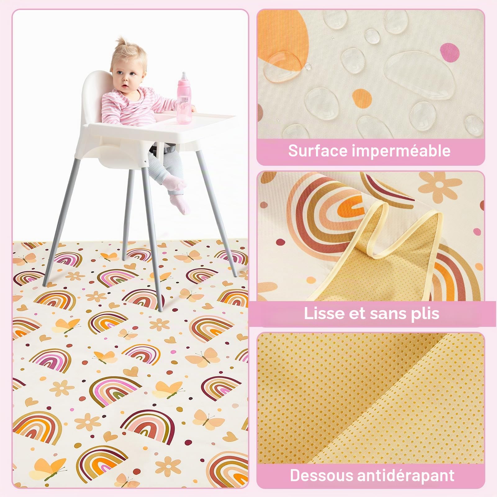 Unicorn Castle Tapis de Chaise Haute Enfant 107x117cm, Tapis Imperméable Lavable Antidérapant, Splash Mat Pliable et Portable pour Divers Repas et Protection du Sol,Brown Rainbow