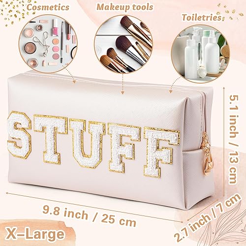 Miniatura 2 de Y1tvei Preppy Patch STUFF - Bolsa de cosméticos de felpilla blanca extra grande, de piel sintética, impermeable, portátil, con letras