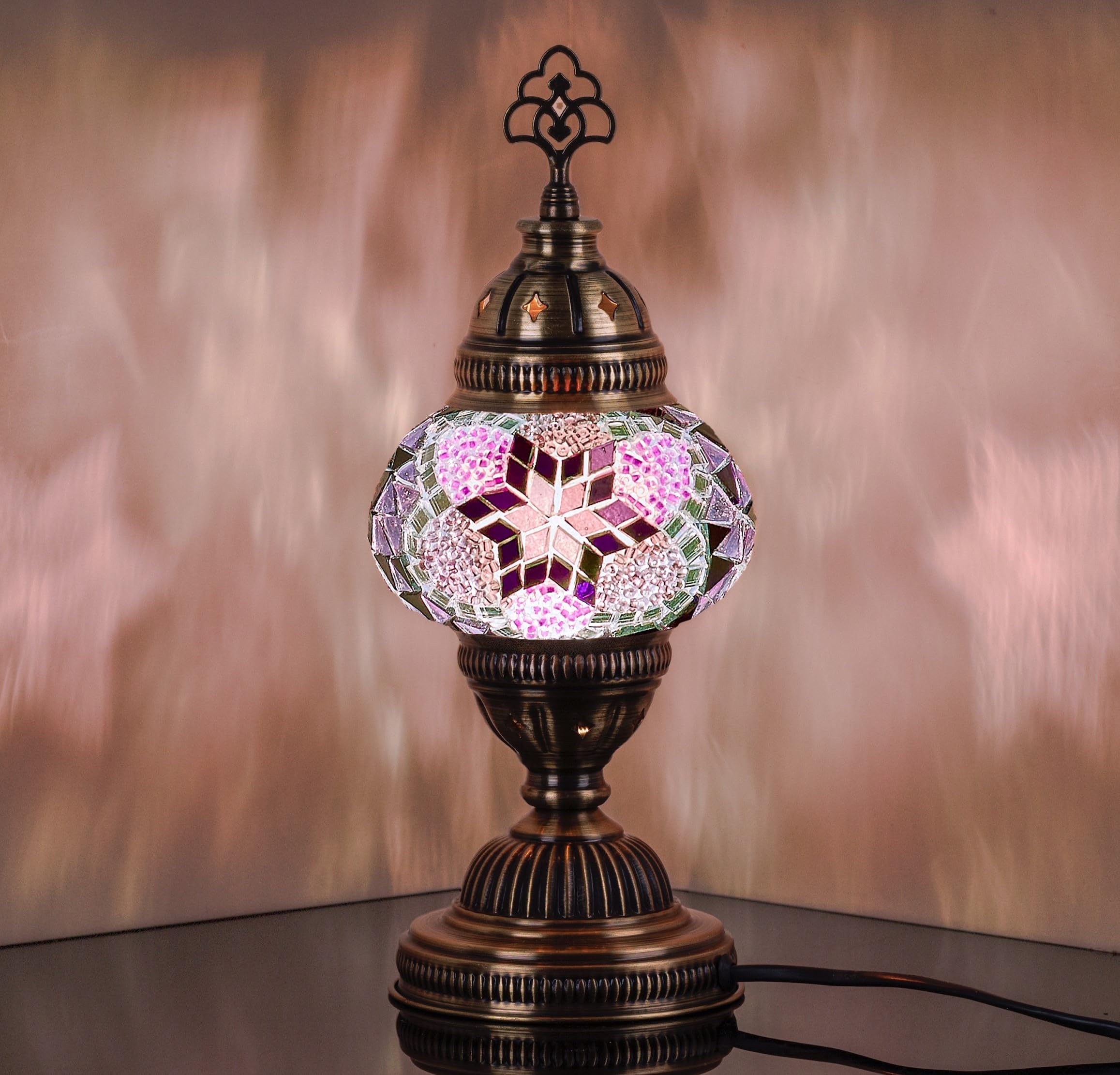 DEMMEX Handmade Colorful Mosaic Glass Table Desk Bedside Lamp Lampshade with Antique Brass Base, Small 30cm H (Purple)