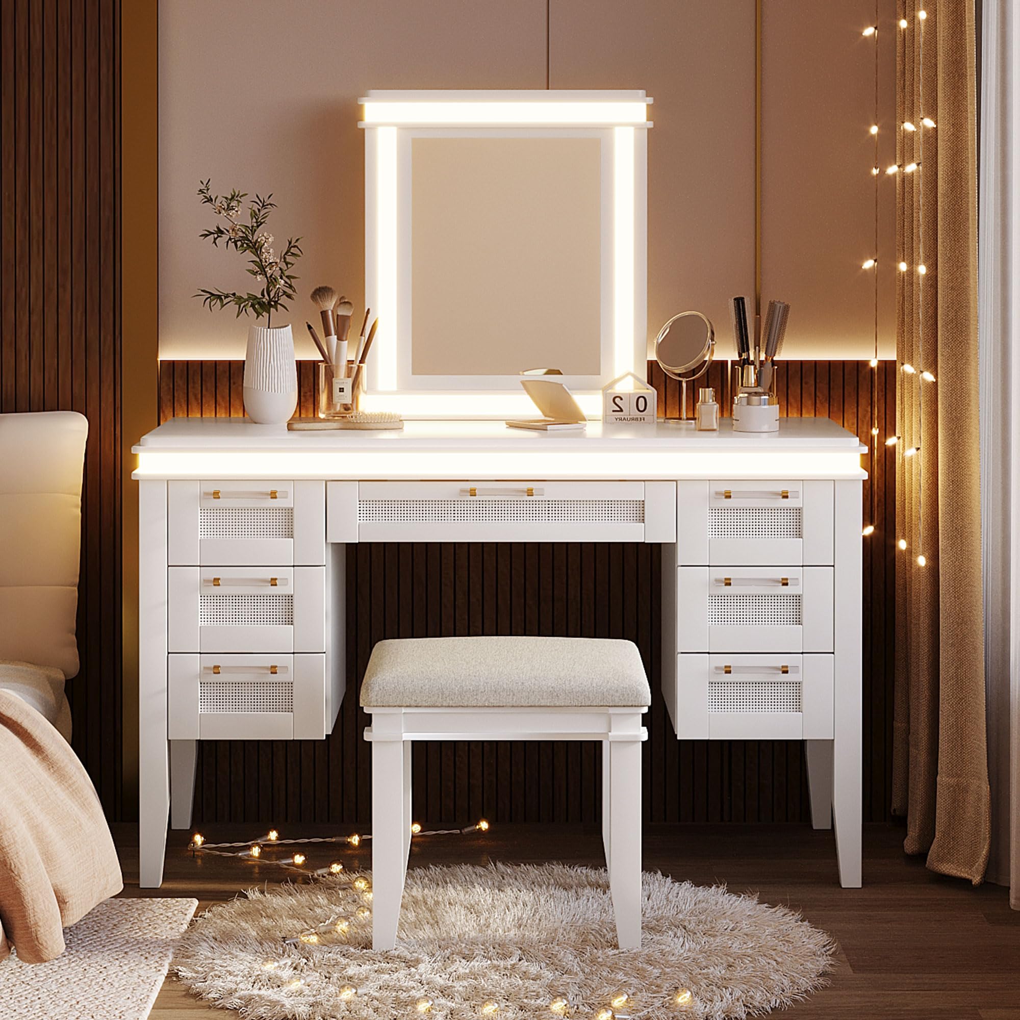 48" Vanity Desk with Mirror, Classic Makeup Vanity with 7 Drawers and Cushioned Stool, Hollow Design Drawer, Rubber Wood Legs, Dressing Table with Bamboo Weave Design, Easy Assembly (Light Beige,08)