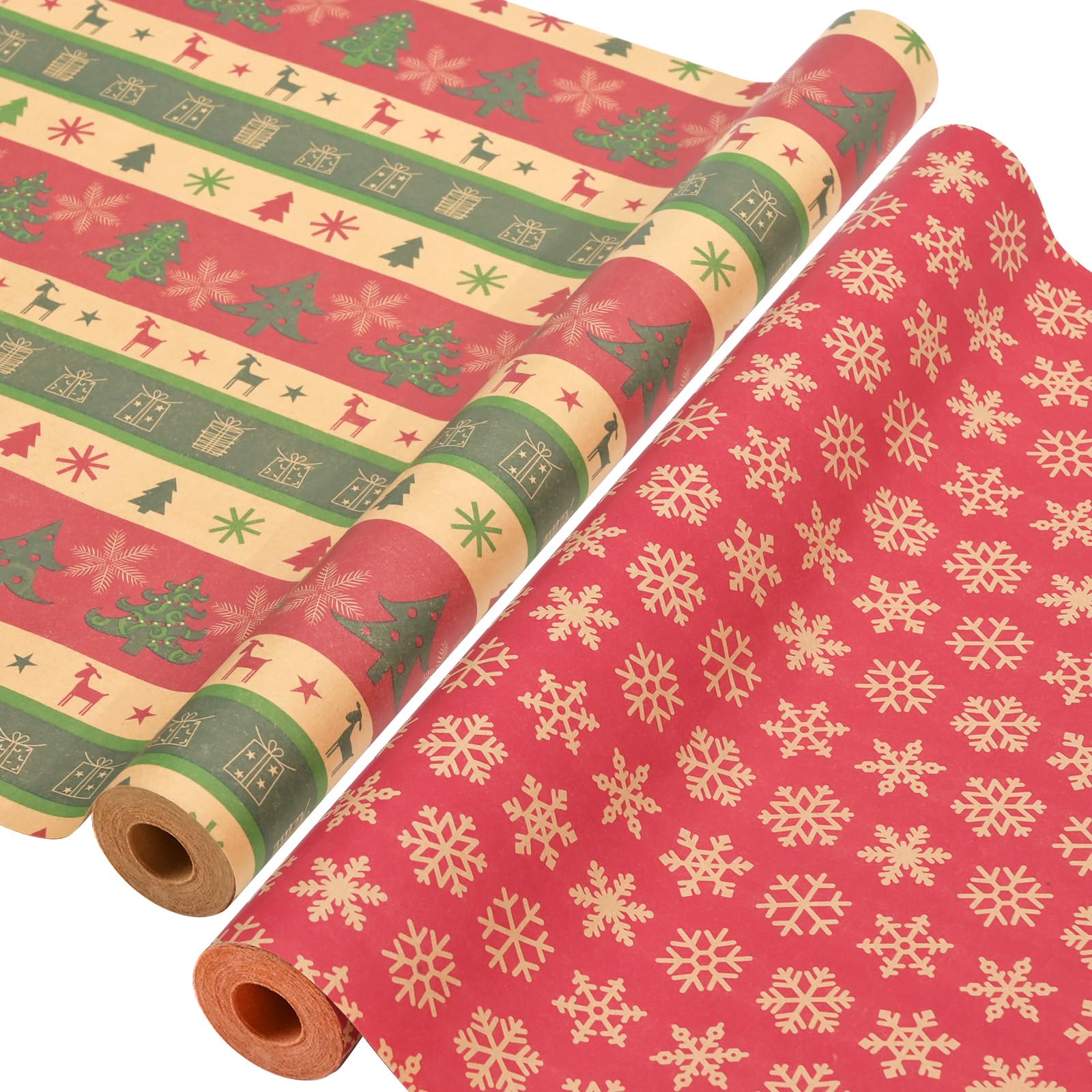 AhfuLife 2 Rolls Christmas Wrapping Paper for Gift, 43cm x 15M Xmas Wrapping Paper Rolls Recyclable Kraft Paper for Christmas Boxes Wrap Birthday Festival Party Decorations — image 1