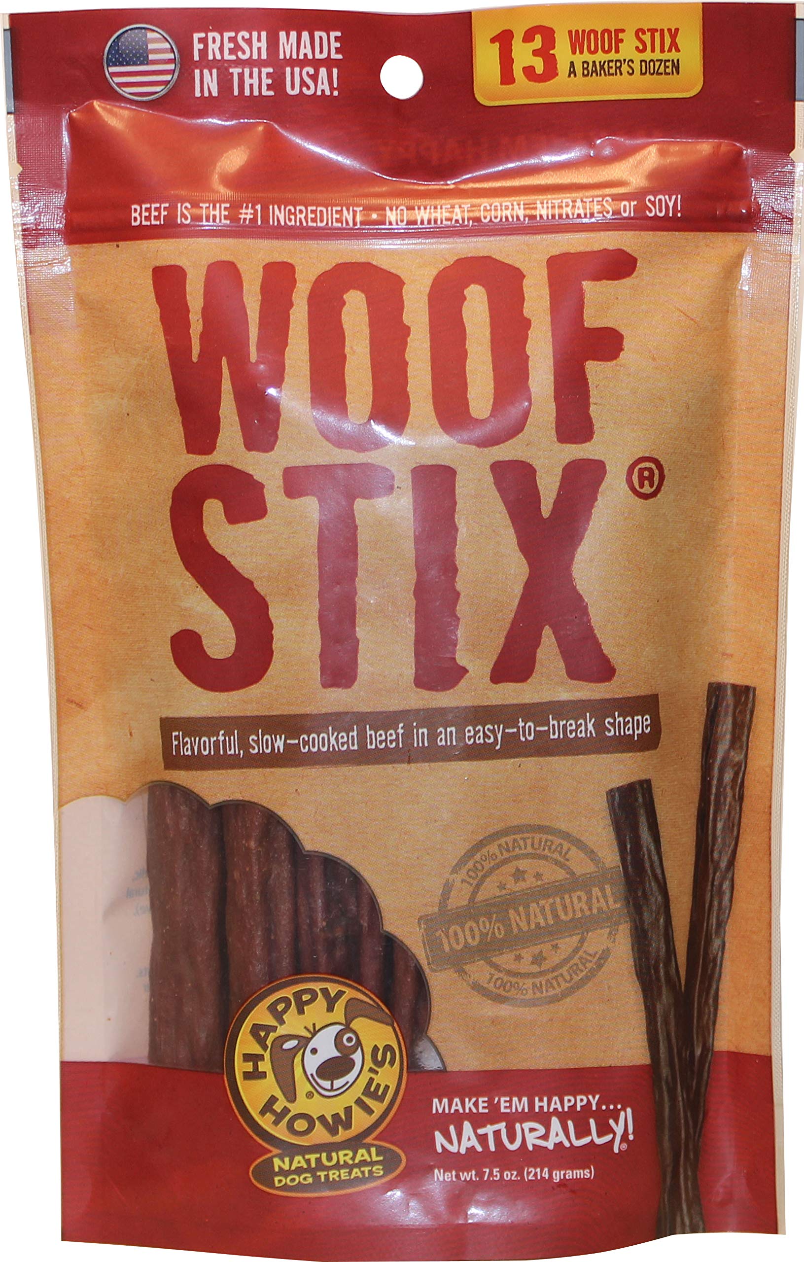 Happy Howie's Woof Stix - Natural Healthy Dog Treats, Flavorful Slow Cooked Beef Stick, Natural Ingredients, Chewy, Soft Dog Treats, Hormone Free - Beef, (Pack of 1)