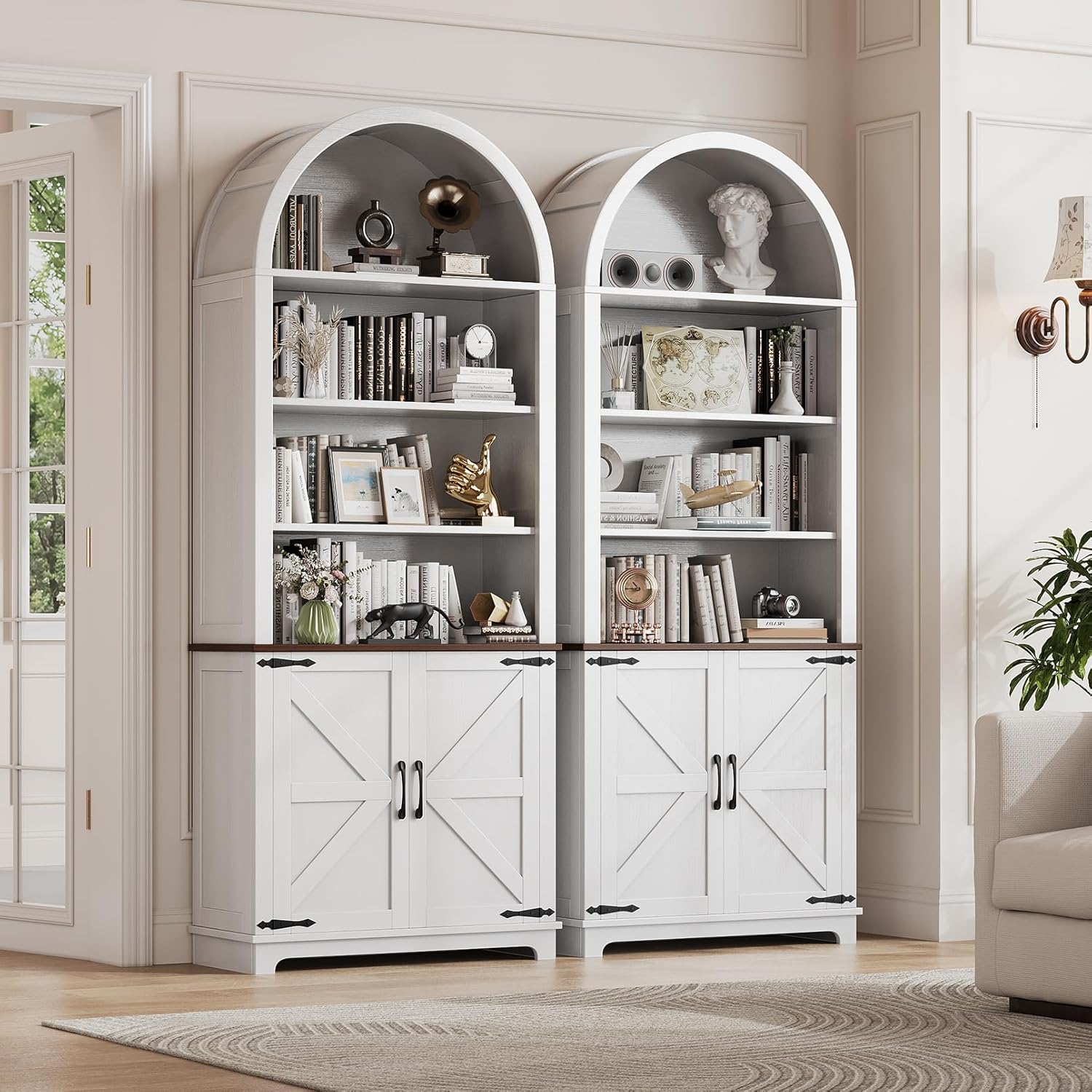 6-Tier Farmhouse Arched Bookcase with Doors, 70" Tall Wood Bookshelf with Storage,Open Shelves for Living Room or Office, White, 2-Pack