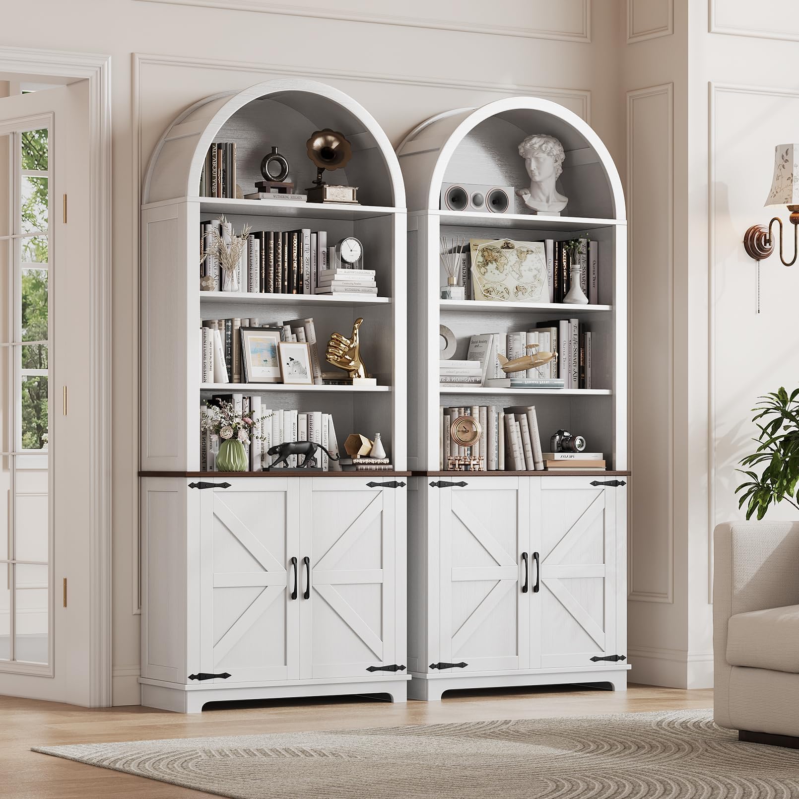 6-Tier Farmhouse Arched Bookshelf Bookcase with Doors, 70" Tall Storage Cabinet and Display Shelves, Open Shelves for Living Room or Office, White, 2-Pack