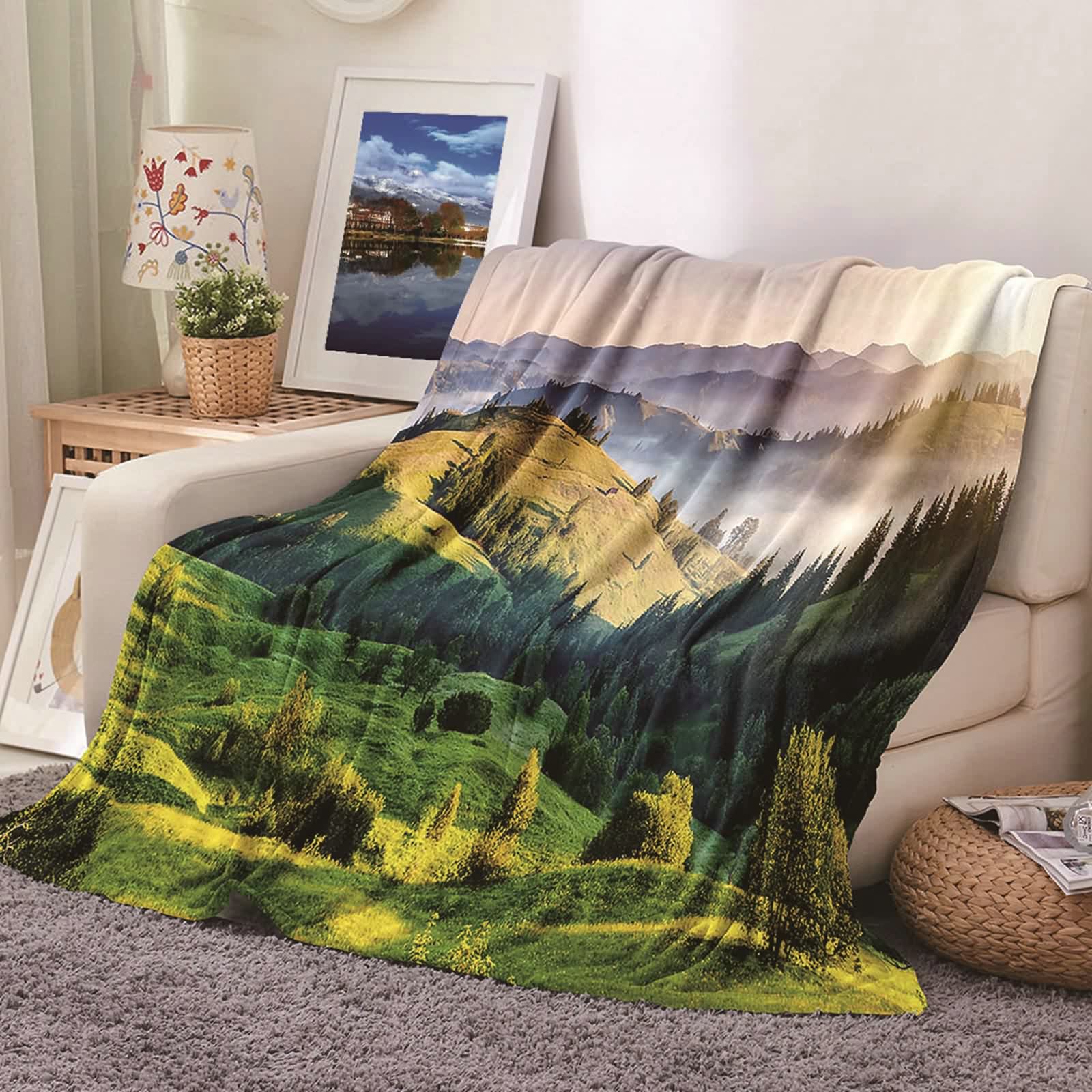 Aeici Couverture Polaire, Couverture Enfant Polaire Couverture 180x220 cm Arbre de Montagne Couverture Canapé Cadeau pour Adultes et Enfants