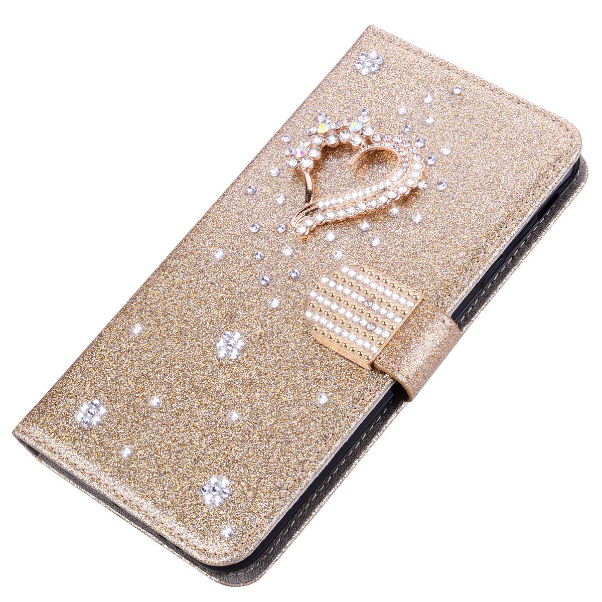 Custodia Portafoglio Con Glitter E Strass Per Google Pixel 6 Pro - Flip In Pelle PU Oro Con Cuore 3D - Lady - 4