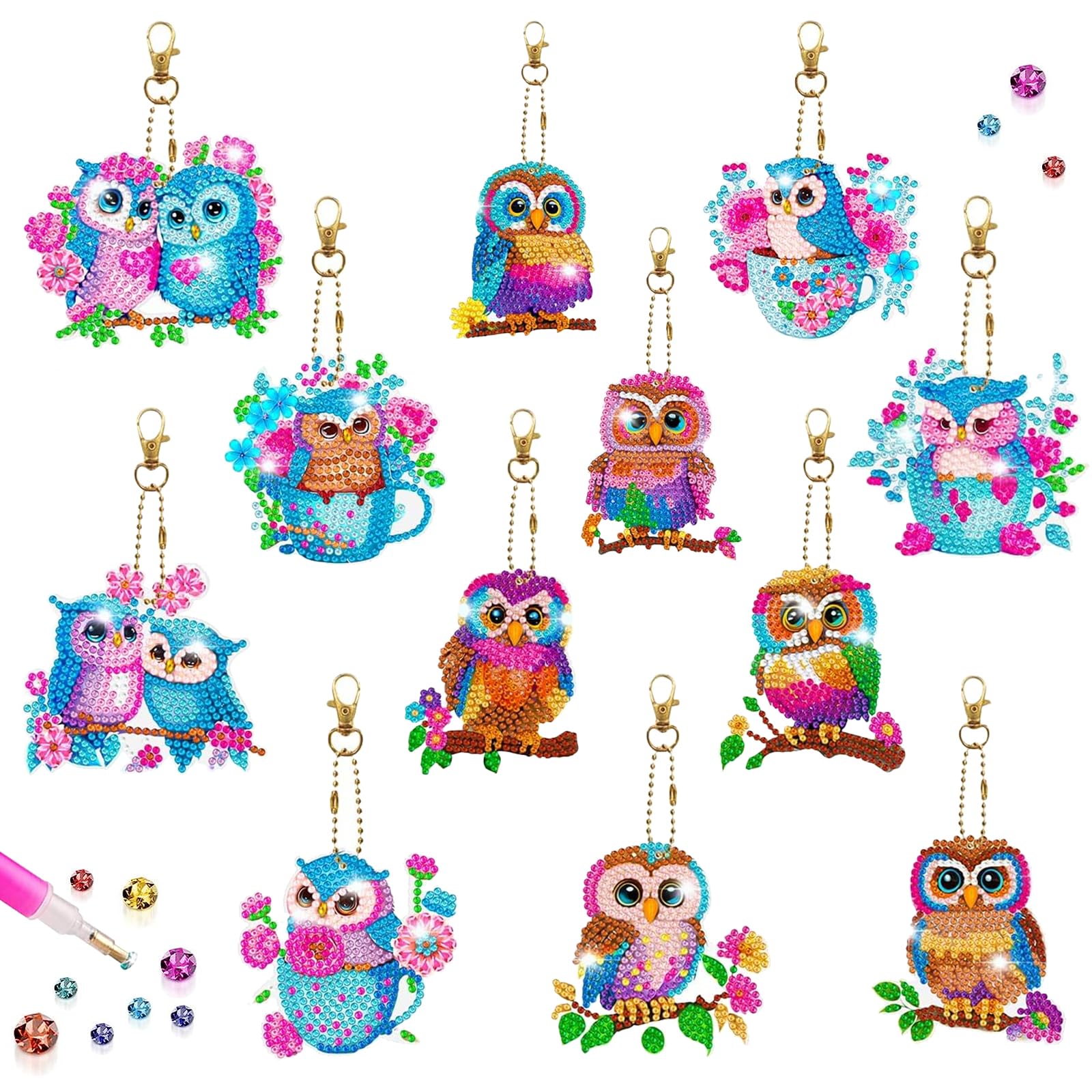 HandiArtz Juego de 6 llaveros de pintura de diamantes para manualidades, adornos de doble cara, llavero para accesorios de bolsa (búho azul
