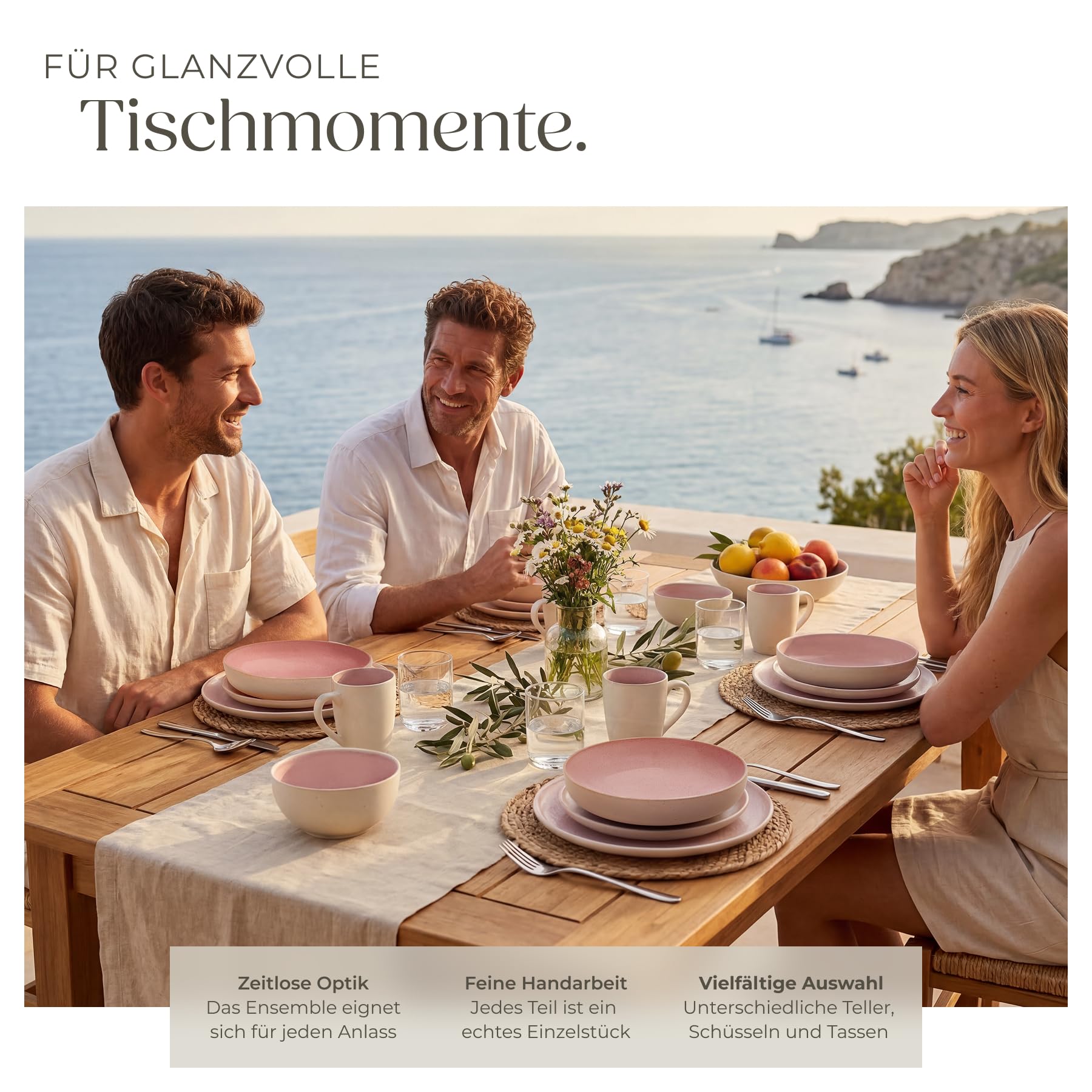 tectake® 30tlg. Kombiservice 6 Personen, Steingut Geschirrset 6 Personen, handgefertigtes Teller Set mit Schüsseln und Tassen, Geschirr Set spülmaschinen- und mikrowellengeeignet - Coral Blush