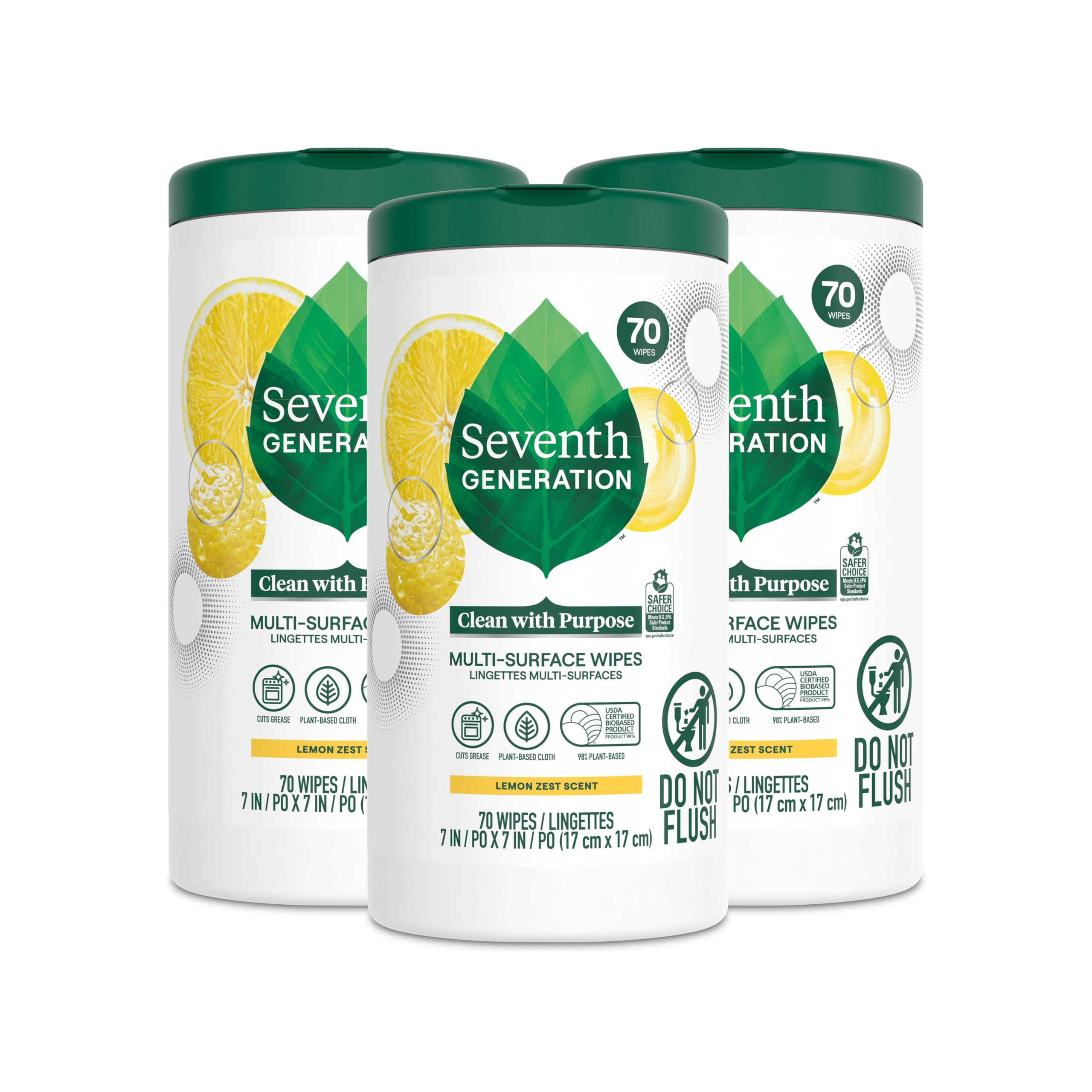Seventh Generation Multi Surface Wipes Pack of 3 for all purpose cleaning lemon zest scent with 100 essential