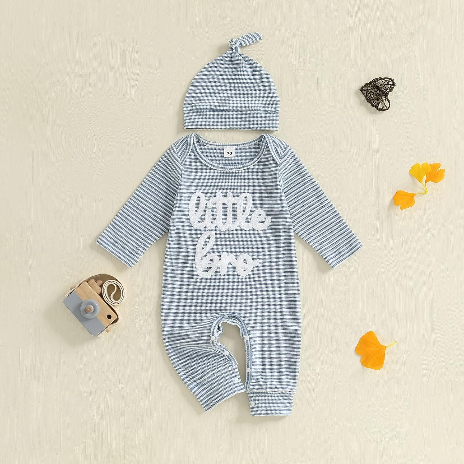 pengnight Baby Boy Clothes Little Bro Newborn Outfit Ribbed Knit Long Sleeve Baby Brother Romper Striped Bodysuit with Hat - Image 3