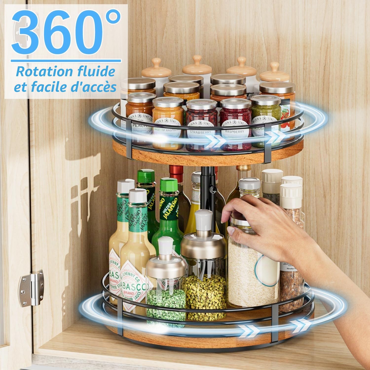 Lazy Susan Organiseur de Plateau tournant réglable – Étagère à épices rotative en Bois à 2 Niveaux de 30,5 cm pour comptoir de Cuisine, Garde-Manger, Placard, Table de Salle de Bain, café, Bar
