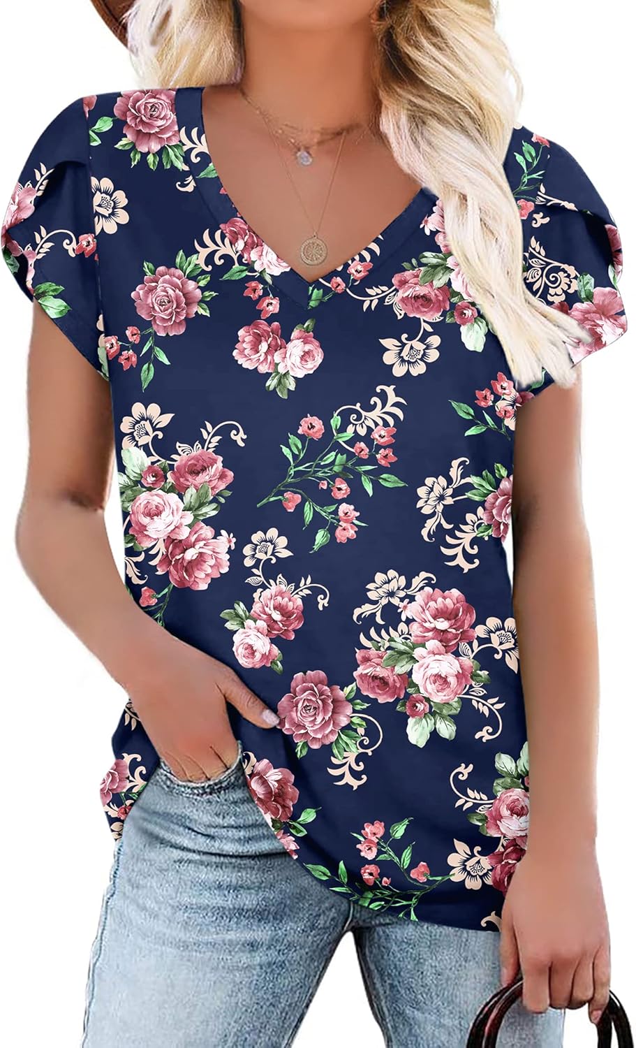 KUOTAI Womens Tops Summer Casual T Shirts V Neck Petal Sleeve Blouses Shirts