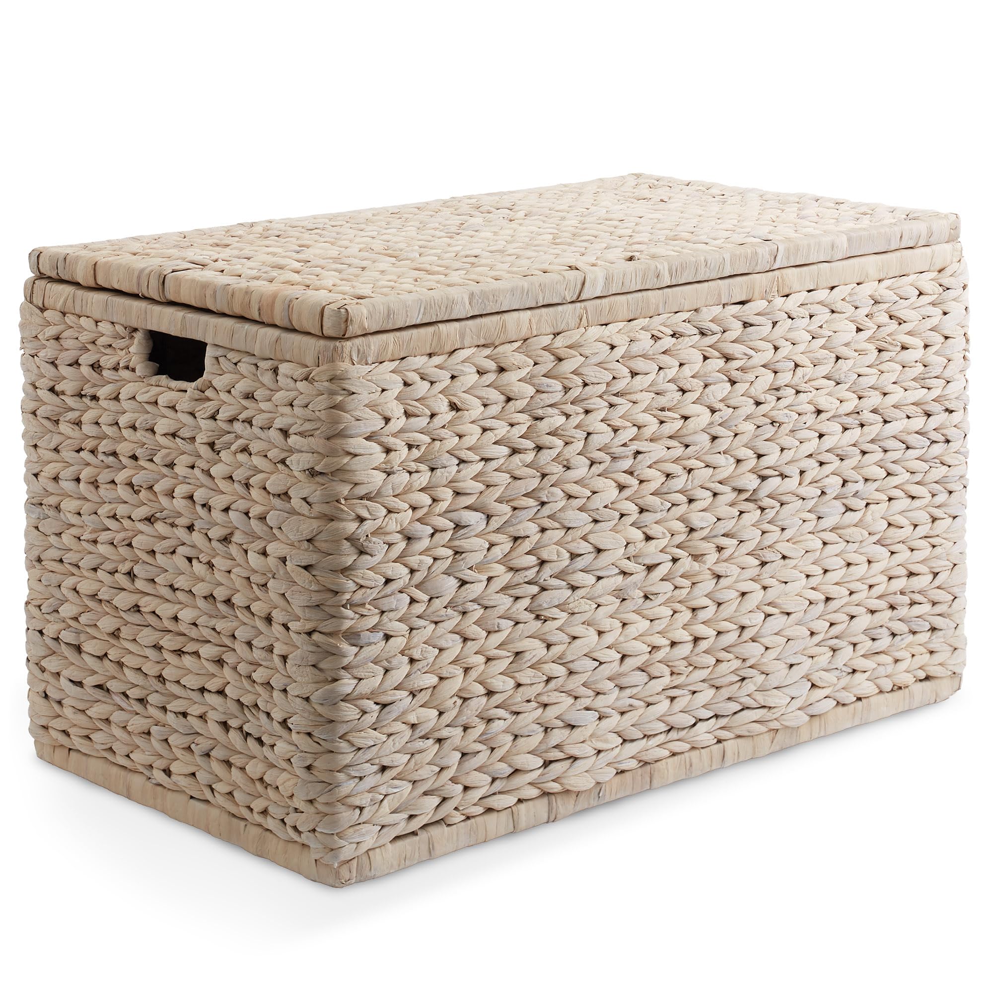 Casafield 30" Storage Chest with Lid, Handles, and Safety Hinge - Whitewash White, Hyacinth Wicker Storage Trunk for Entry Way, Living Room, Bedroom