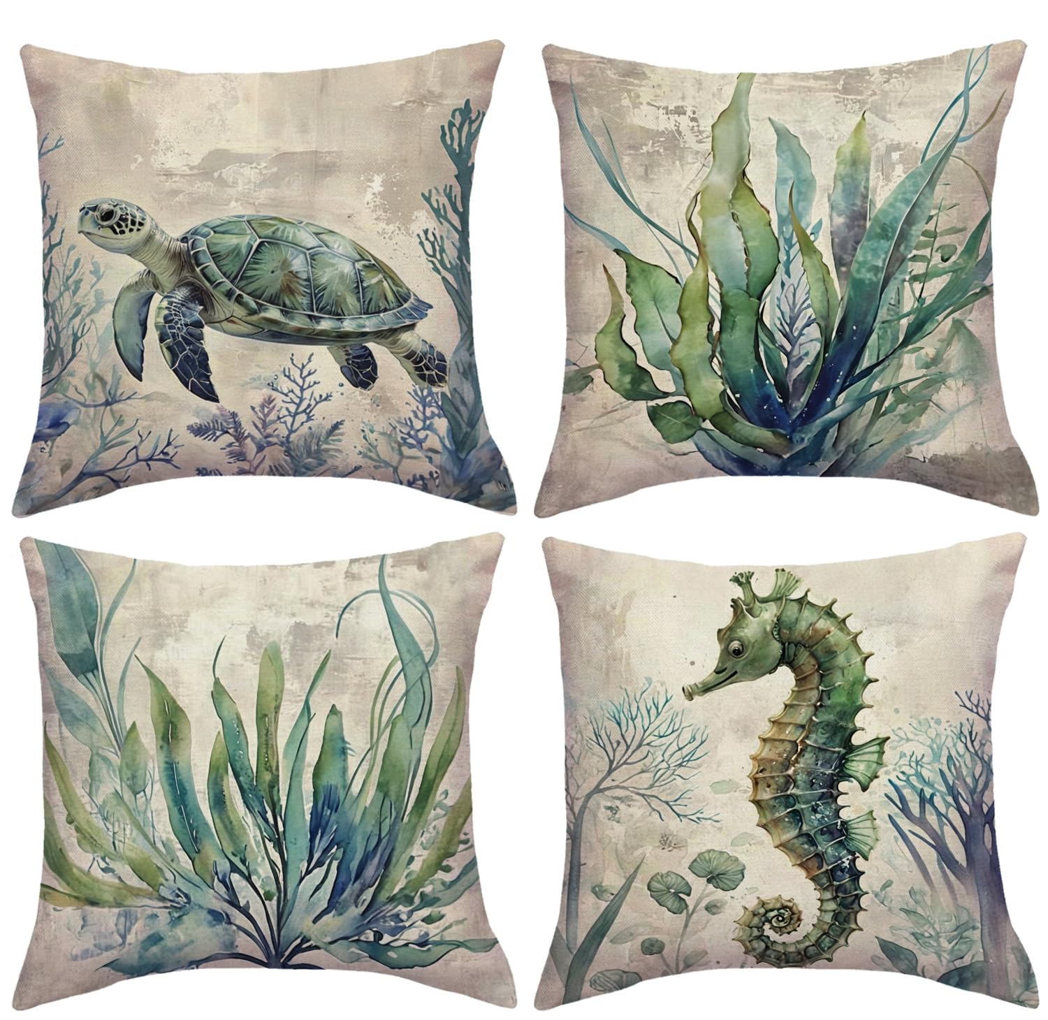 JAERUE Coastal Decorative Pillow Covers Ocean Sea Life Cushion Covers Sea Turtle Seahorse Seaweed Throw Pillow Cases Summer Beach House Decor 18x18