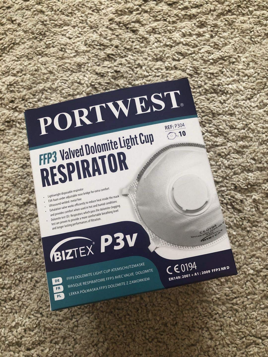 Portwest P304WHR - Respirador de vaso de luz con válvula dolomita, regular, color blanco (caja de 10)
